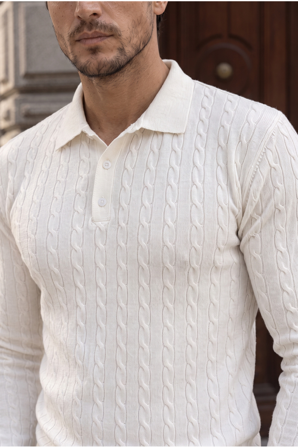 پلیور بافتنی مردانه یقه دکمه‌دار Kieslowski Fine Braid Polo - سفید — سفید BK10023 — تصویر 2 از 6