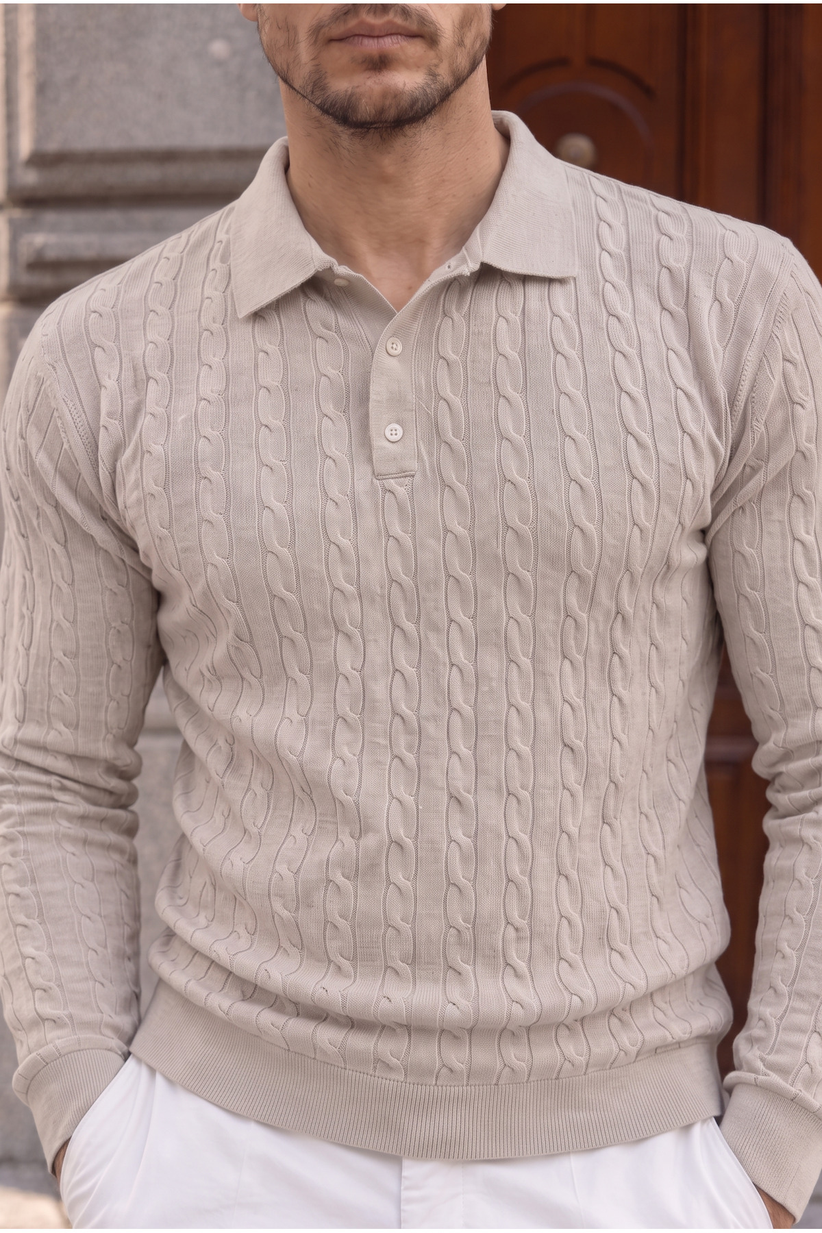 پلیور بافتنی مردانه یقه اسکی Kieslowski مدل Fine Braid Polo - طرح سنگ — اکرو BK10023 — تصویر 2 از 6