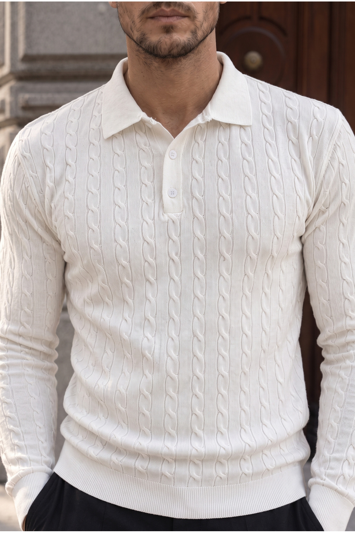 پلیور بافتنی مردانه یقه دکمه‌دار Kieslowski Fine Braid Polo - سفید — سفید BK10023 — تصویر 4 از 6