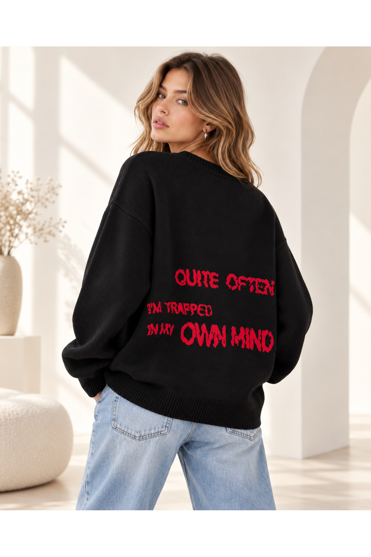Kadın YILDIZ Oversize Triko Kazak - Yumuşak Dokulu Bisiklet yaka — مشکی TYC20867040DEDCA472829A00 — تصویر 3 از 4