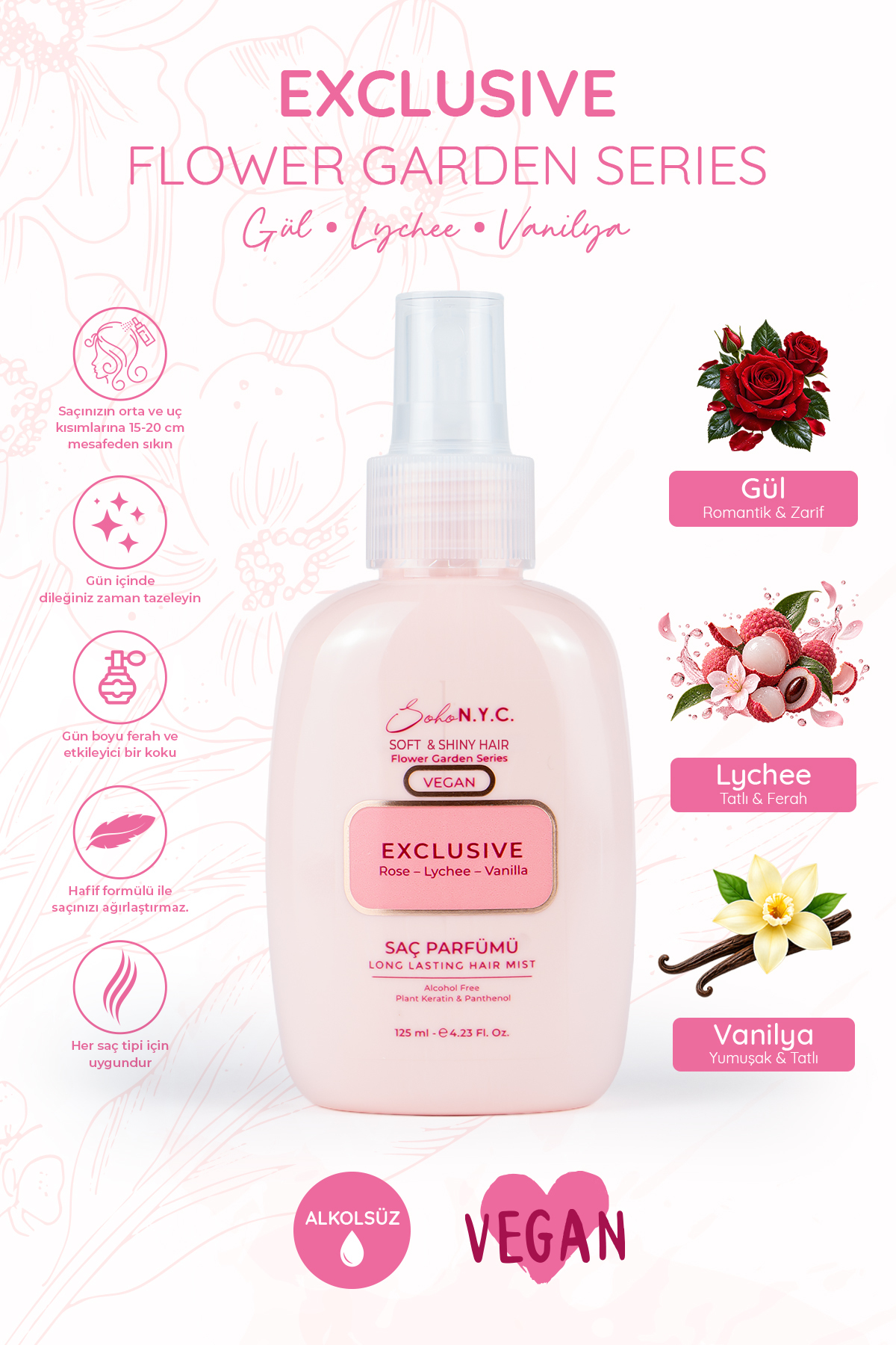 EXCLUSIVE -Gül – Lychee – Vanilya Kokulu Saç Parfümü 125 ml — NYSB2377 — تصویر 3 از 6