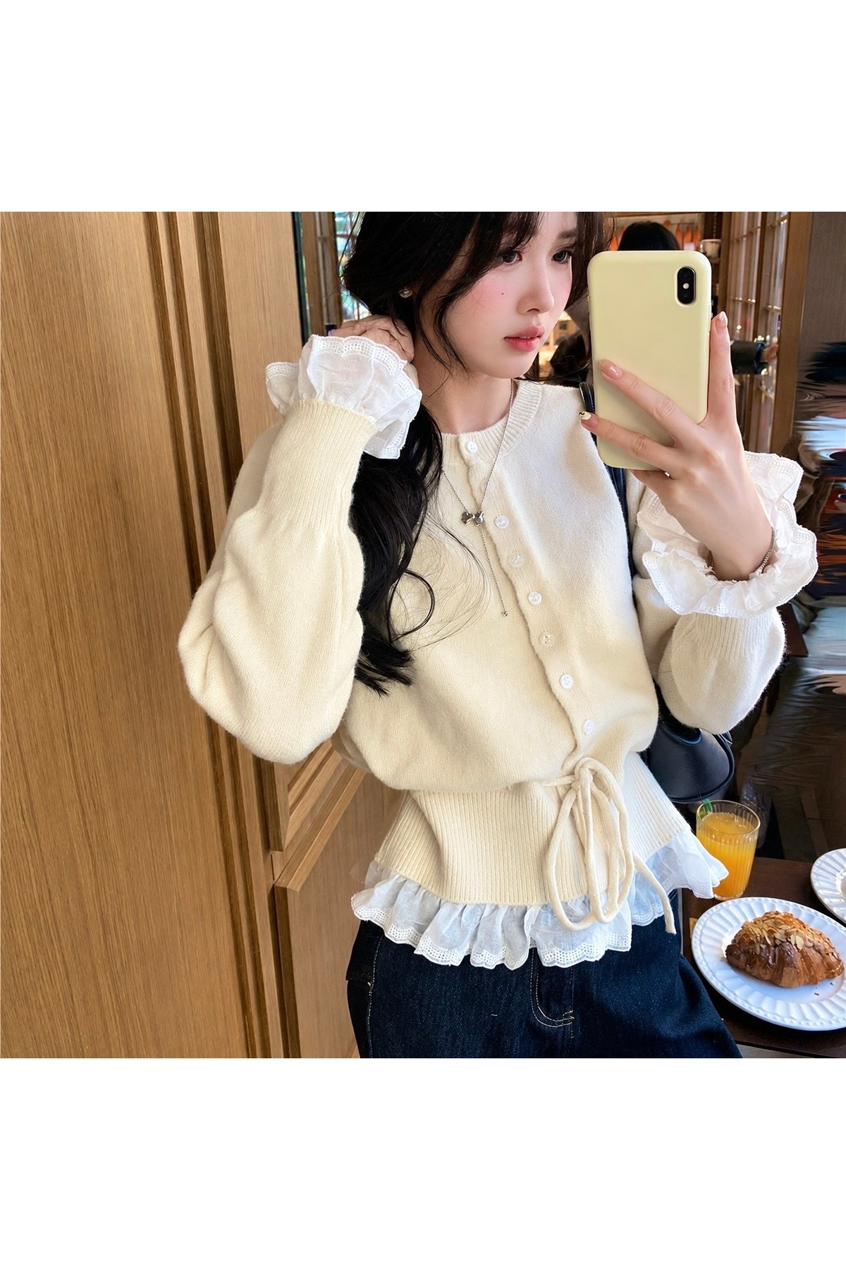 NATUFIAN STORE Kadın Beli Ayarlamalı Kenarları Dantelli Bisiklet Yaka Triko Basic Hırka görsel 2