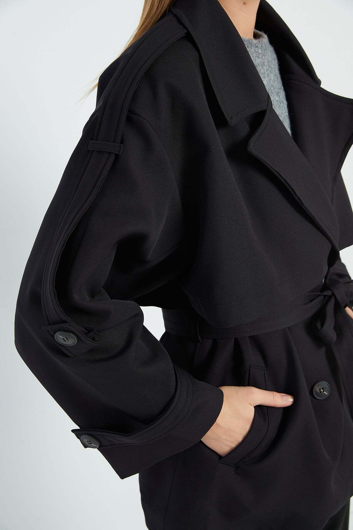 Fulla Moda Beli Kemerli Kruvaze Yaka Oversize Trençkot görsel 7