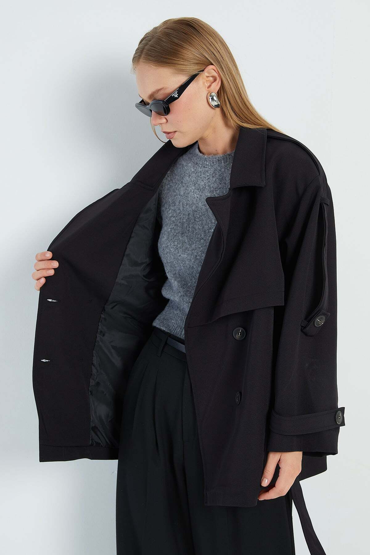 Fulla Moda Beli Kemerli Kruvaze Yaka Oversize Trençkot görsel 5