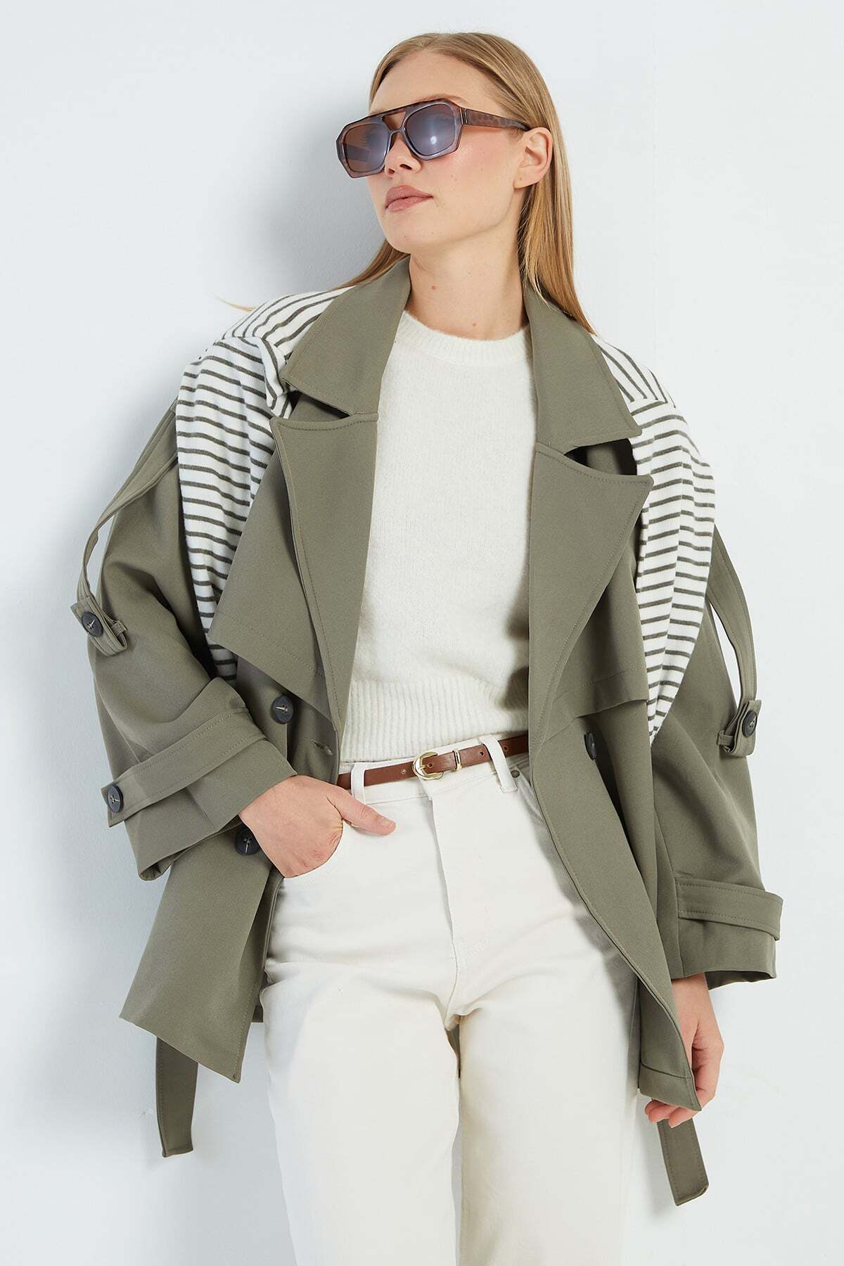 Fulla Moda Beli Kemerli Kruvaze Yaka Oversize Trençkot görsel 3