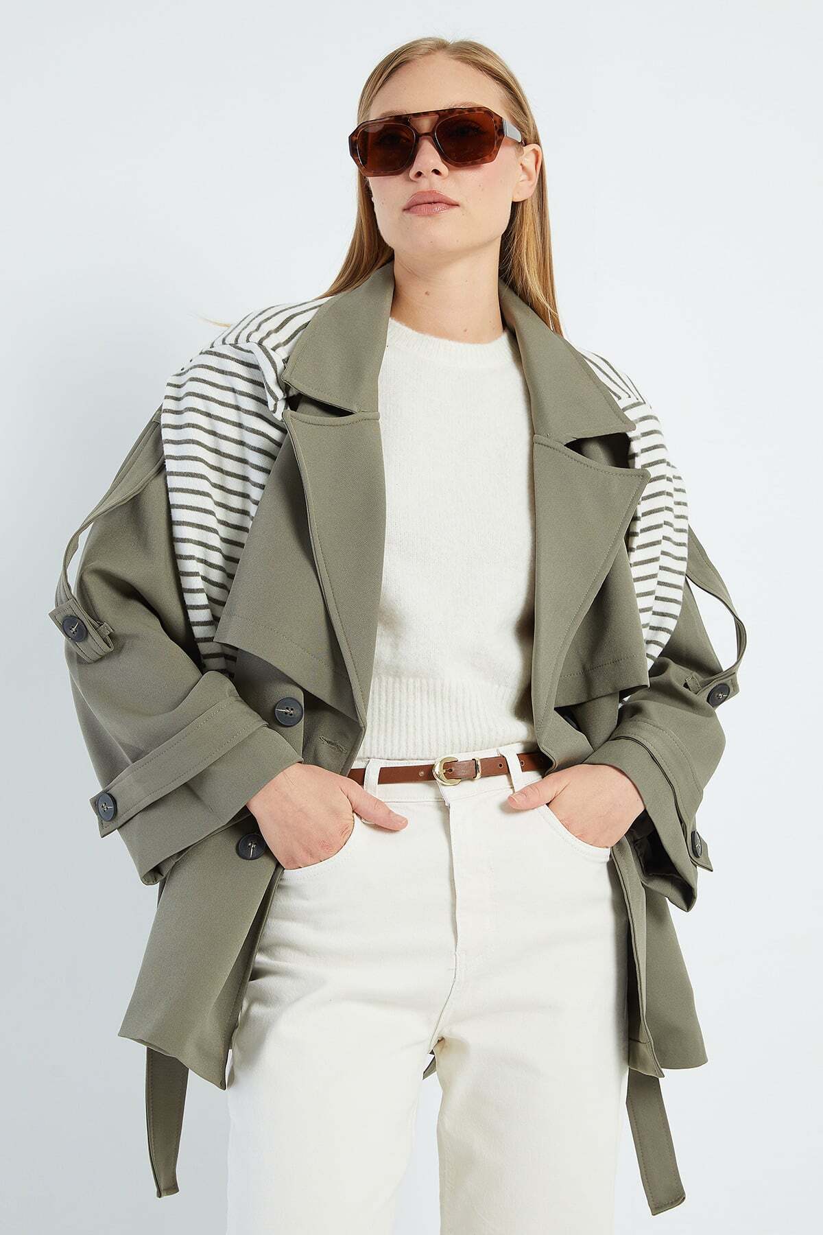 Fulla Moda Beli Kemerli Kruvaze Yaka Oversize Trençkot
