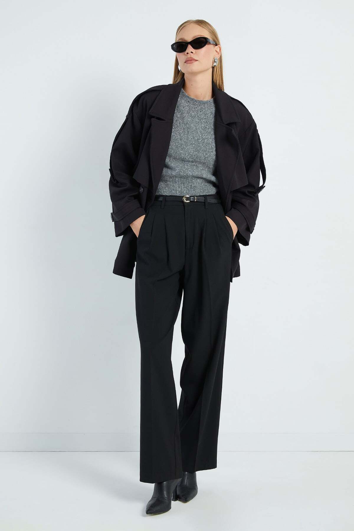 Fulla Moda Beli Kemerli Kruvaze Yaka Oversize Trençkot görsel 2