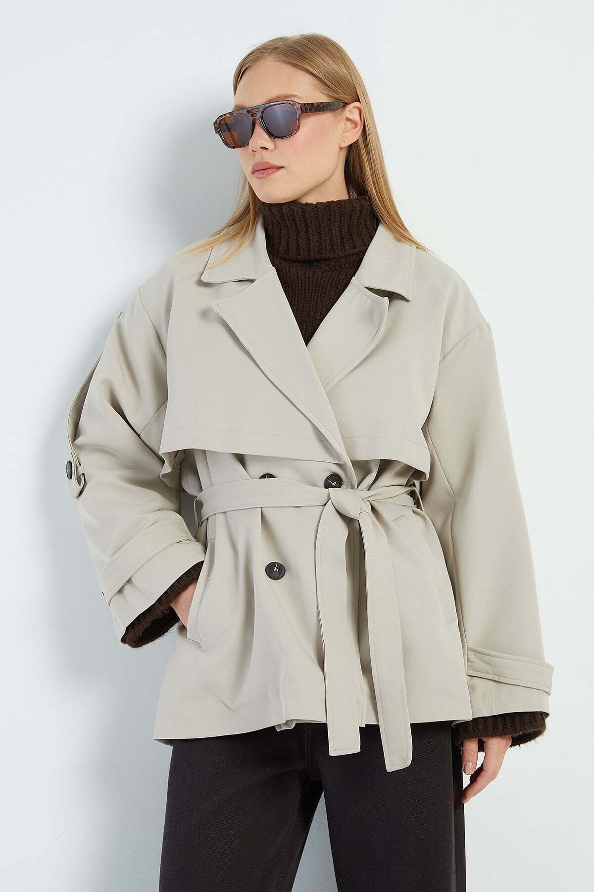 Fulla Moda Beli Kemerli Kruvaze Yaka Oversize Trençkot görsel 7