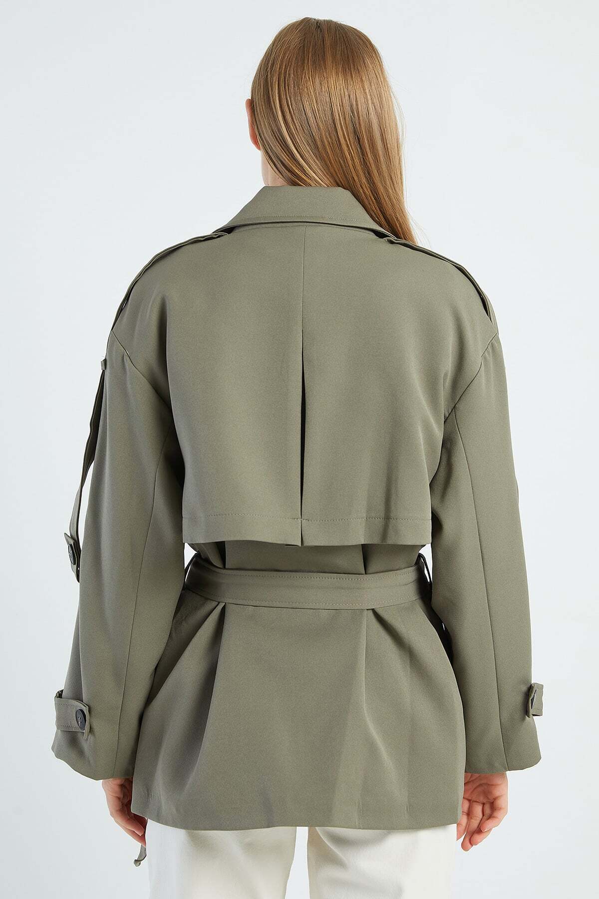 Fulla Moda Beli Kemerli Kruvaze Yaka Oversize Trençkot görsel 8