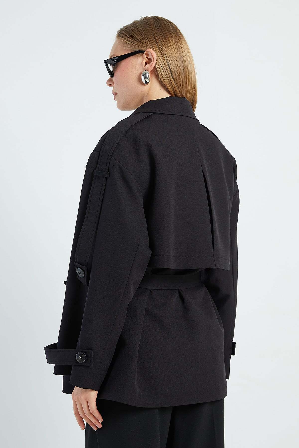 Fulla Moda Beli Kemerli Kruvaze Yaka Oversize Trençkot görsel 8