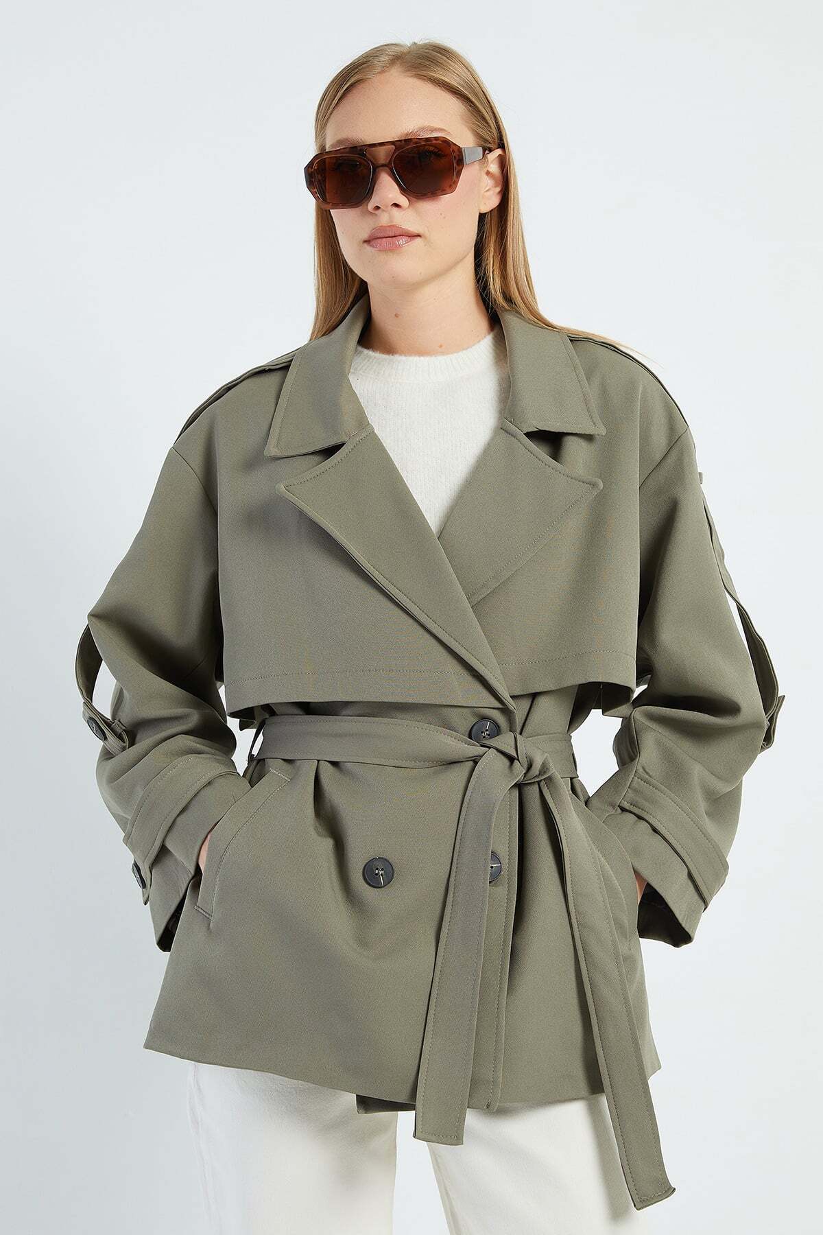 Fulla Moda Beli Kemerli Kruvaze Yaka Oversize Trençkot görsel 2