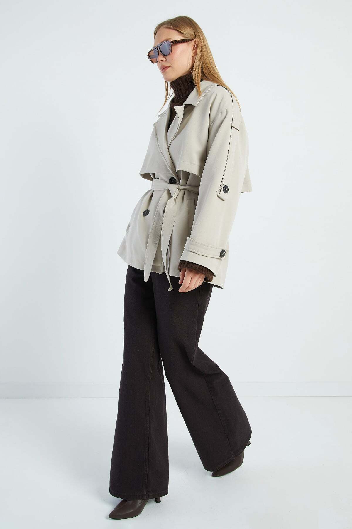 Fulla Moda Beli Kemerli Kruvaze Yaka Oversize Trençkot görsel 5