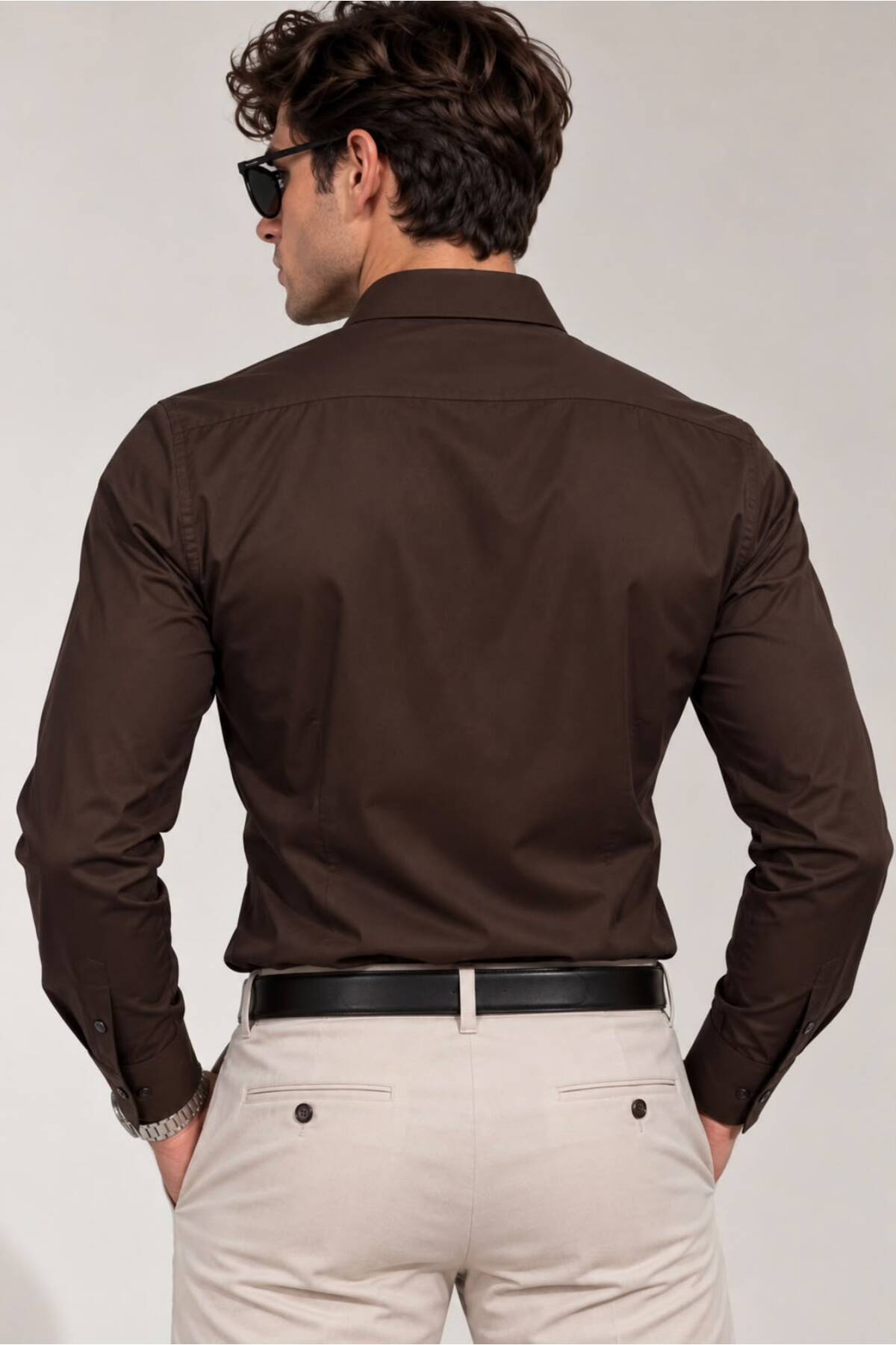 sepetx Erkek Premium Pamuk Saten Slim Fit Acı Kahve Gömlek | Modern ve Şık Tasarım görsel 3