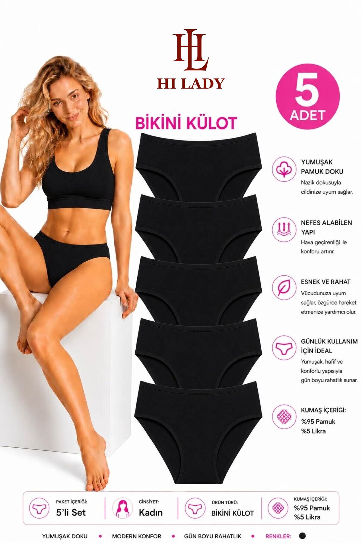 Hilady Kadın Külot 5'li Paket Siyah Pamuklu Esnek Likralı Bikini Kalıp