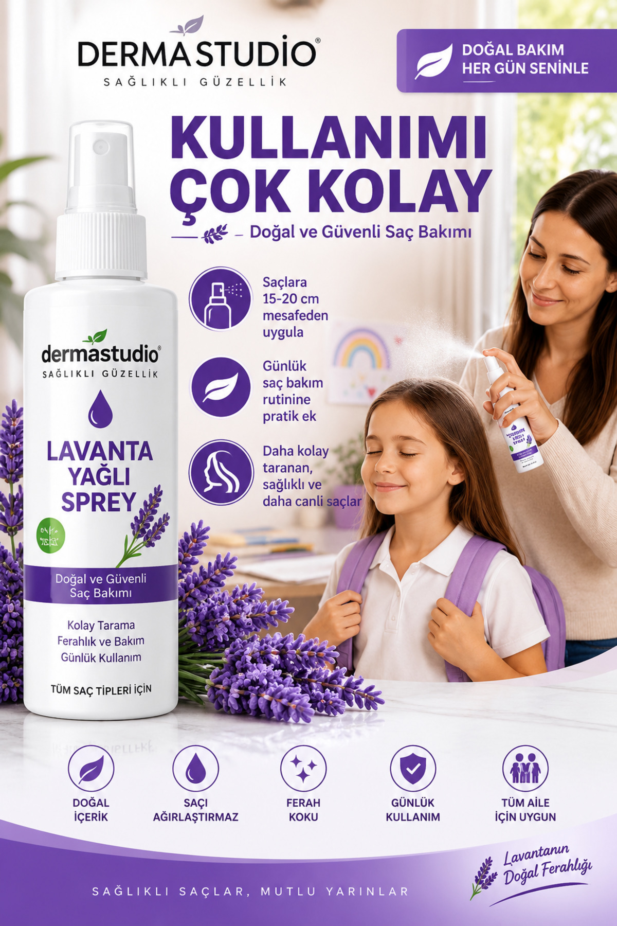 DERMASTUDİO Lavanta Yağlı Çocuk Saç Spreyi 100 ml, Okul ve Kreş Dönemi Günlük Bakım Spreyi — 325486325