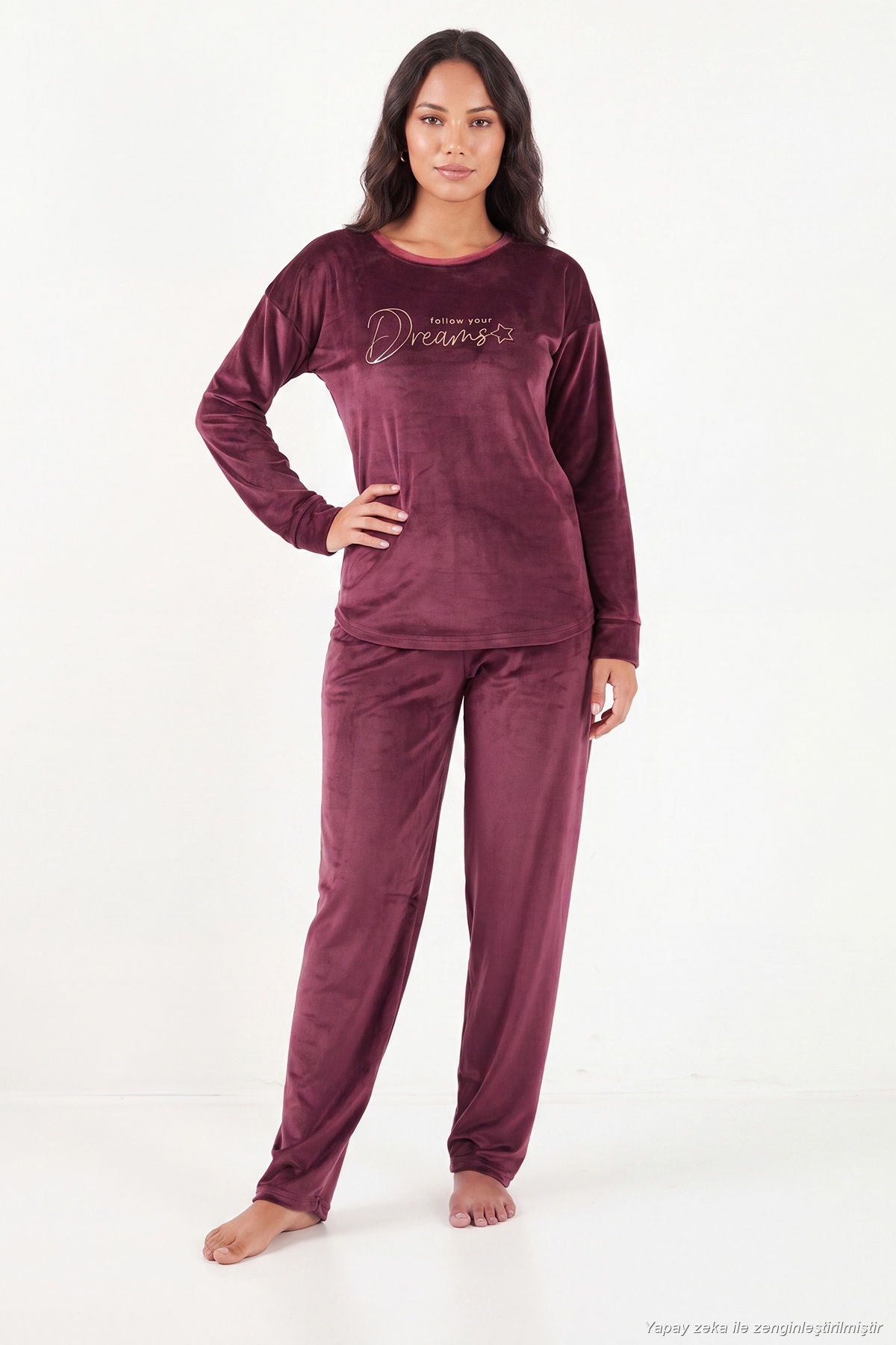 Lela Bisiklet Yaka Yumuşak Dokulu Parlak Kadife Pijama Takımı Kadın PİJAMA TAKIMI 6094209 görsel 3