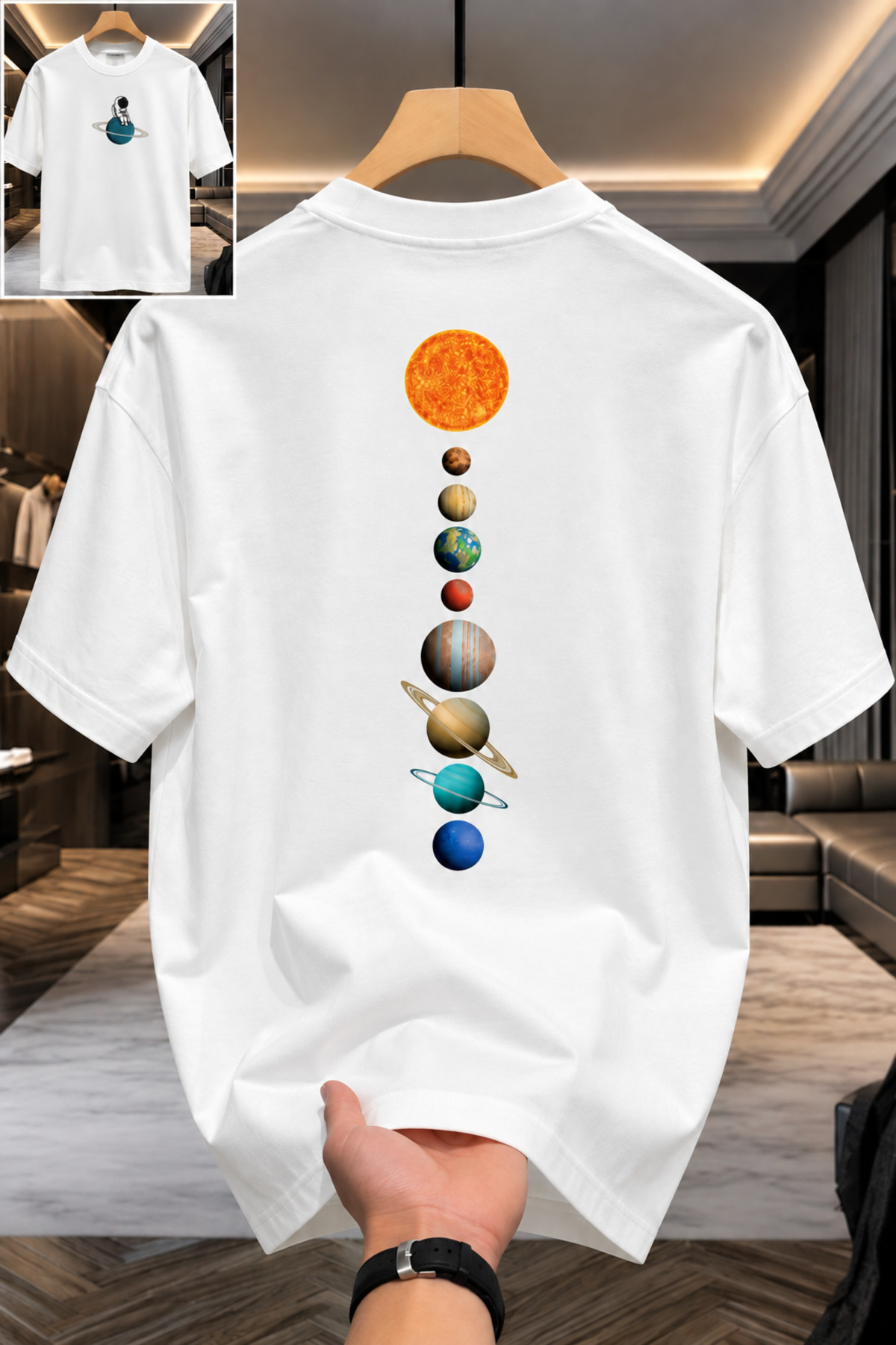 DUBU BUTİK Oversize Beyaz Uzay Temalı Tişört, Astronot & Güneş Sistemi Desenli