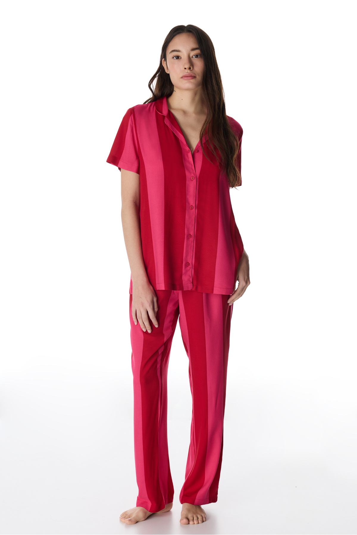 Penti Kırmızı For You Çizgili Düğmeli Gömlek Pantolon Pijama Takımı görsel 3