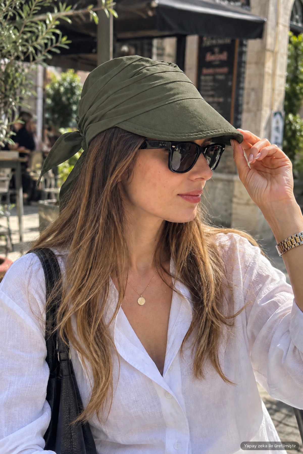 ZERAMİNE Haki Kadın Siperli Şapka, Arkadan Bağlamalı Bandana Model Yazlık Kep Tesettür Uyumlu görsel 5