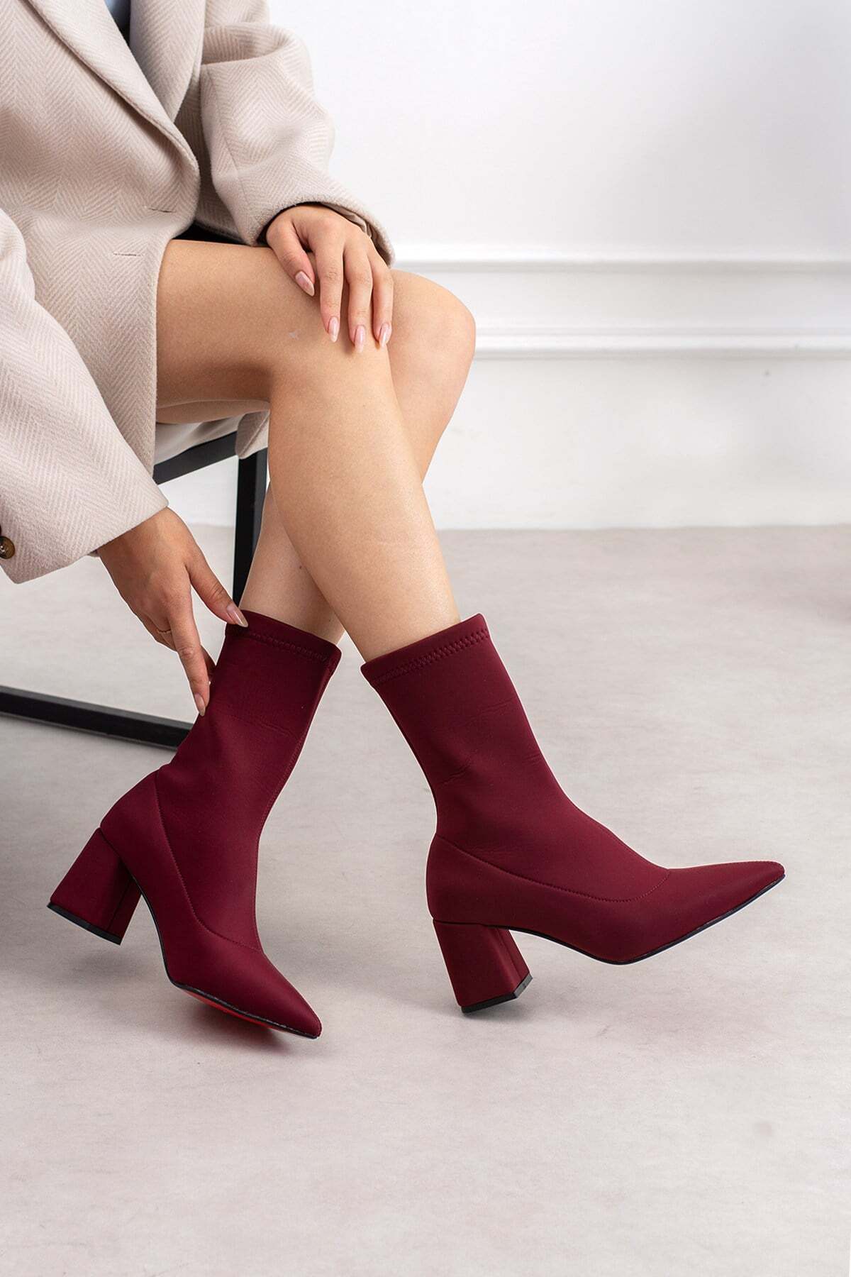 dabab shoes RACHEL Kadın Bordo Sivri Burun Dalgıç Streç 7 Cm Kalın Topuklu Çorap Bot Bootie
