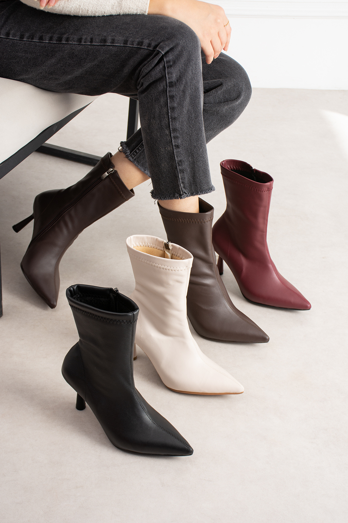 dabab shoes MARYA Kadın Bordo Streç Cilt Sivri Burun Sıcak Astarlı Fermuarlı 7 Cm İnce Topuklu Bot Bootie görsel 4