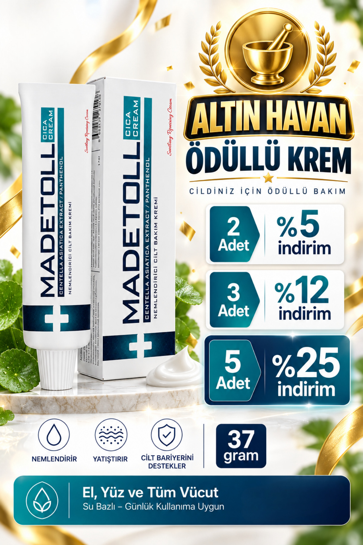 Madetoll Cica Krem Su Bazlı, Nemlendirici, Yenileyici, Yatıştırıcı Etkili Cil...