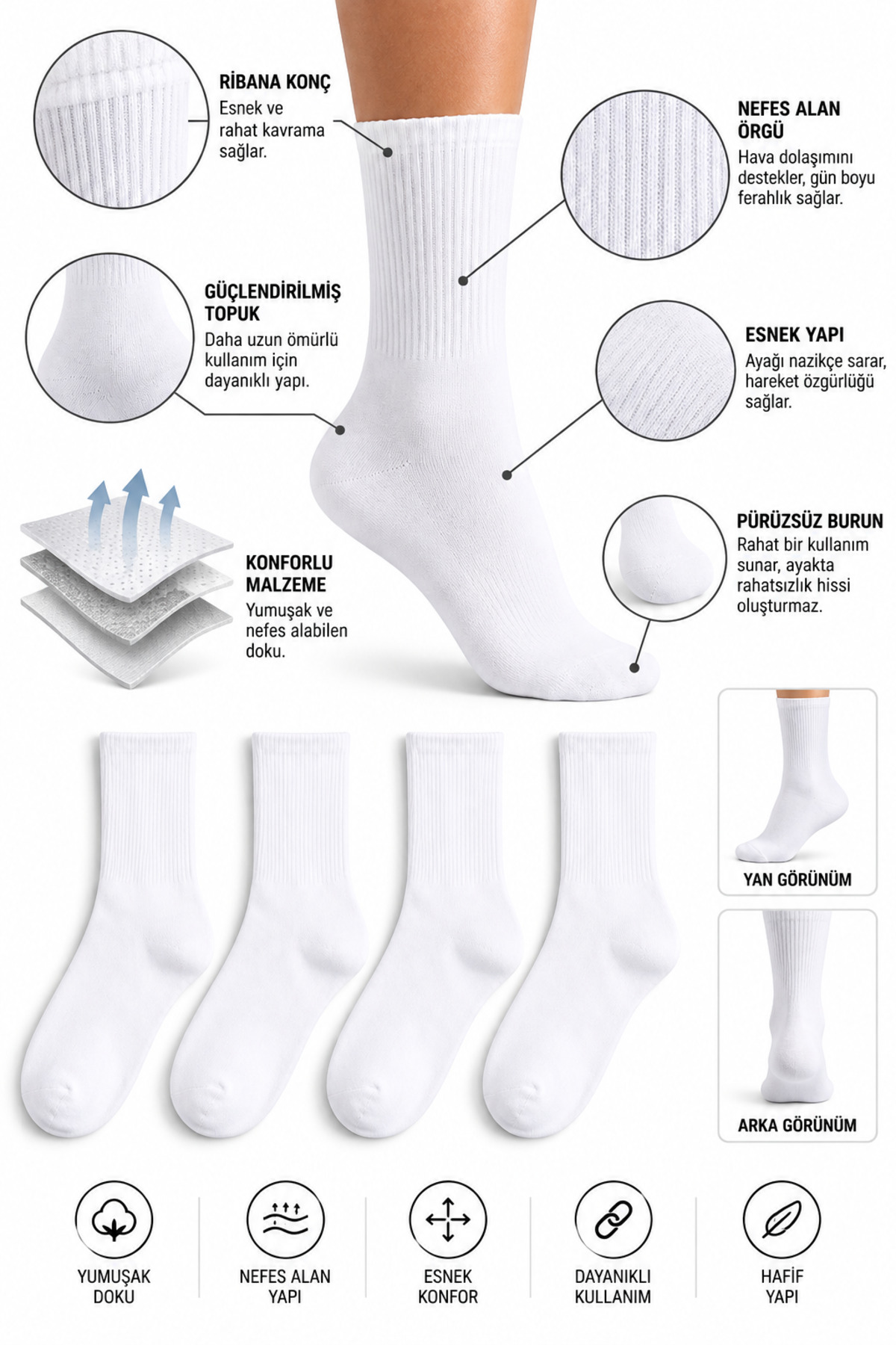 WORTHY SOCKS 4'lü Atletik Spor Tenis Kolej Çorap görsel 2