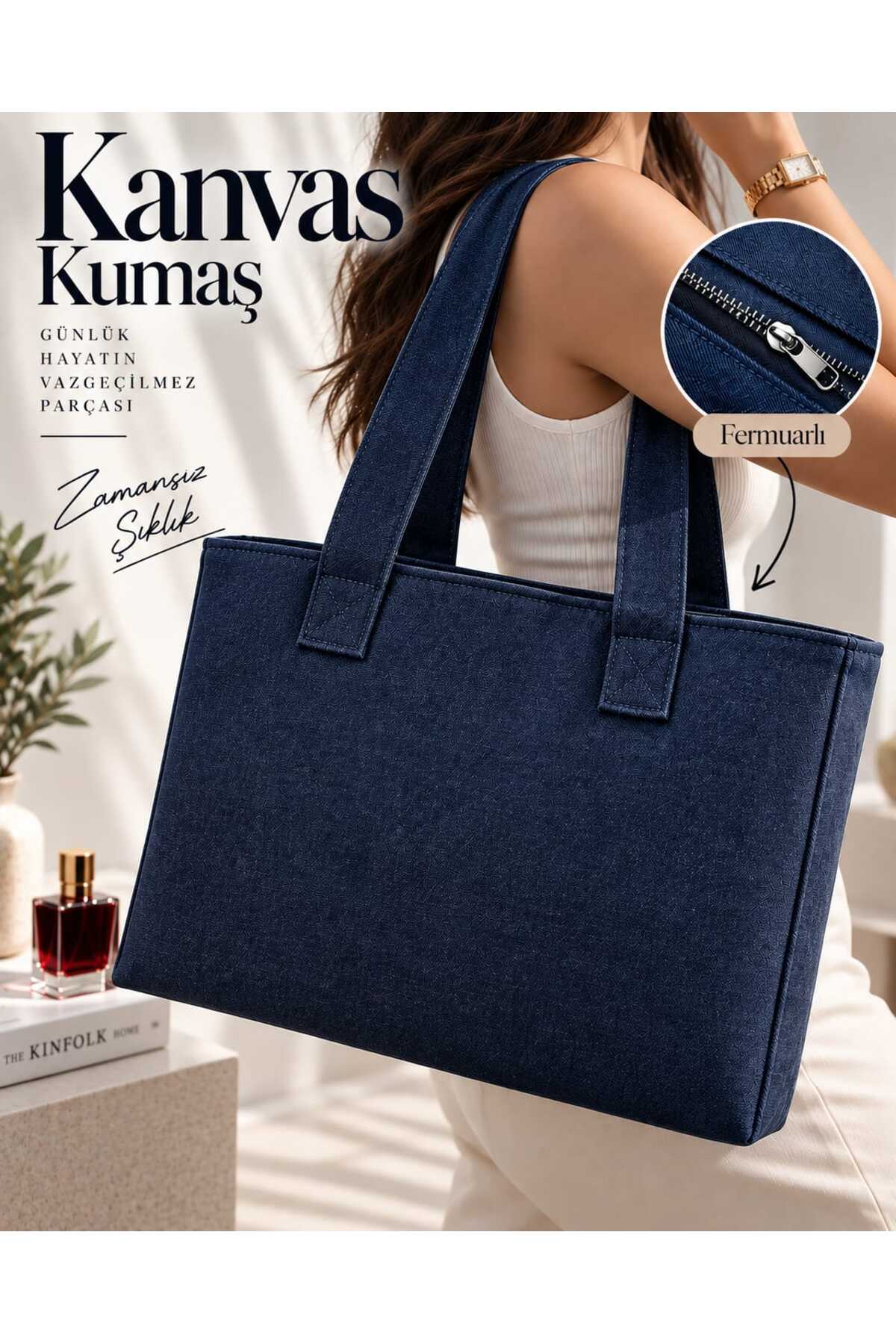 imkaya Kanvas Omuz Çantası 50x35 Fermuarlı - Geniş iç hacim- Taban Destek Detayı - Günlük Omuz Çantası - Şık Çok Amaçlı Kadın Çanta
