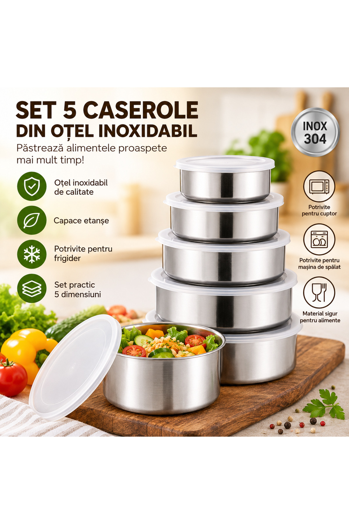 EMATTEIRO Set of 5 Stainless Steel Food Casseroles with Leakproof Silicone Li...