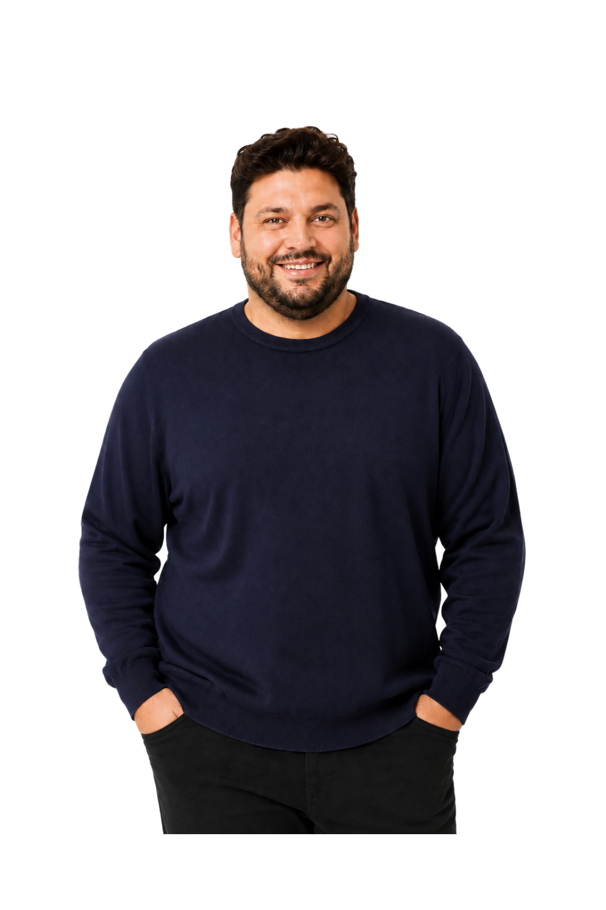 BattalModa Erkek Büyük Beden Lacivert Bisiklet Yaka Pamuklu Kazak 3XL-4XL-5XL-6XL