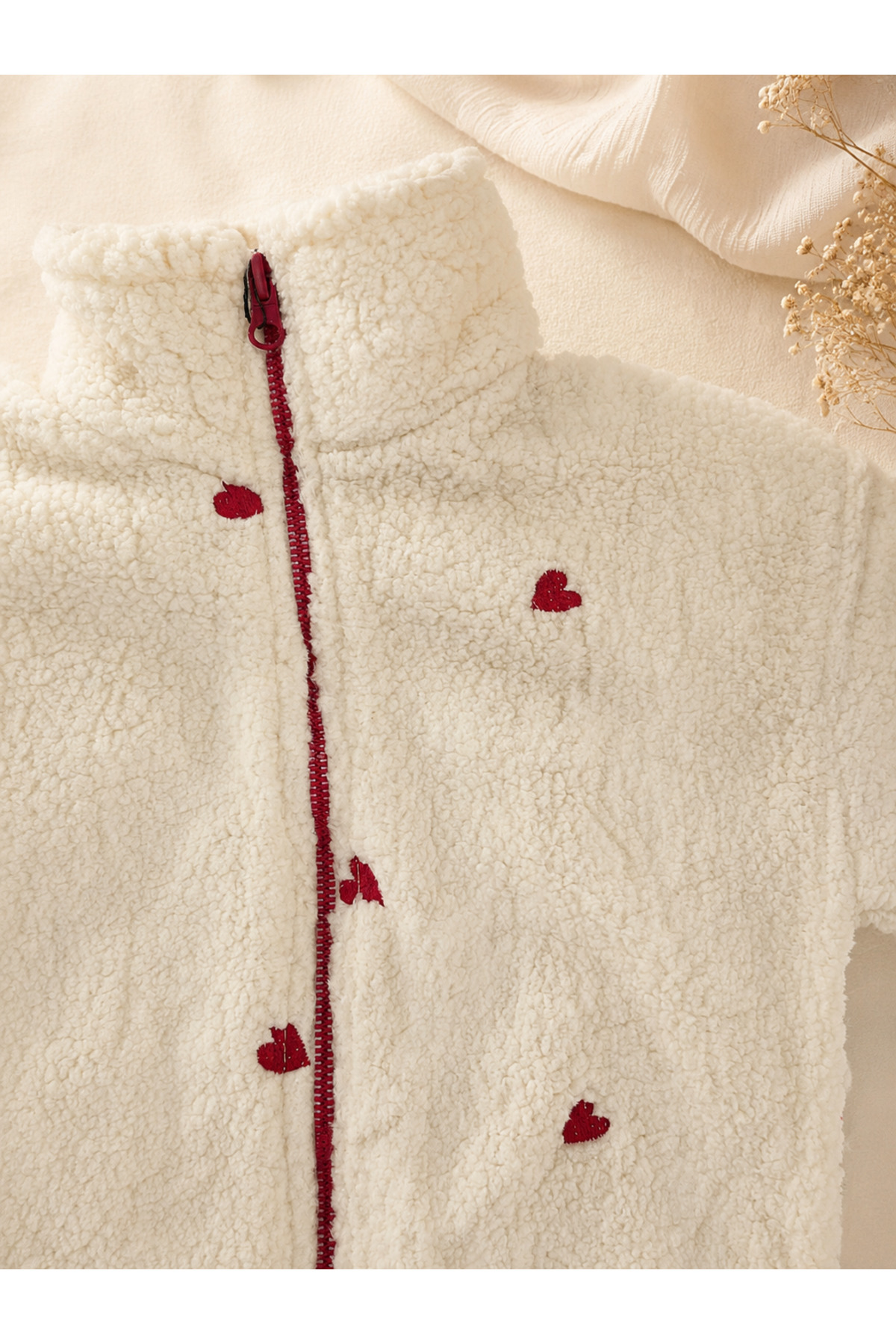 Nakışlı Fermuarlı Peluş Kız Çocuk Mont