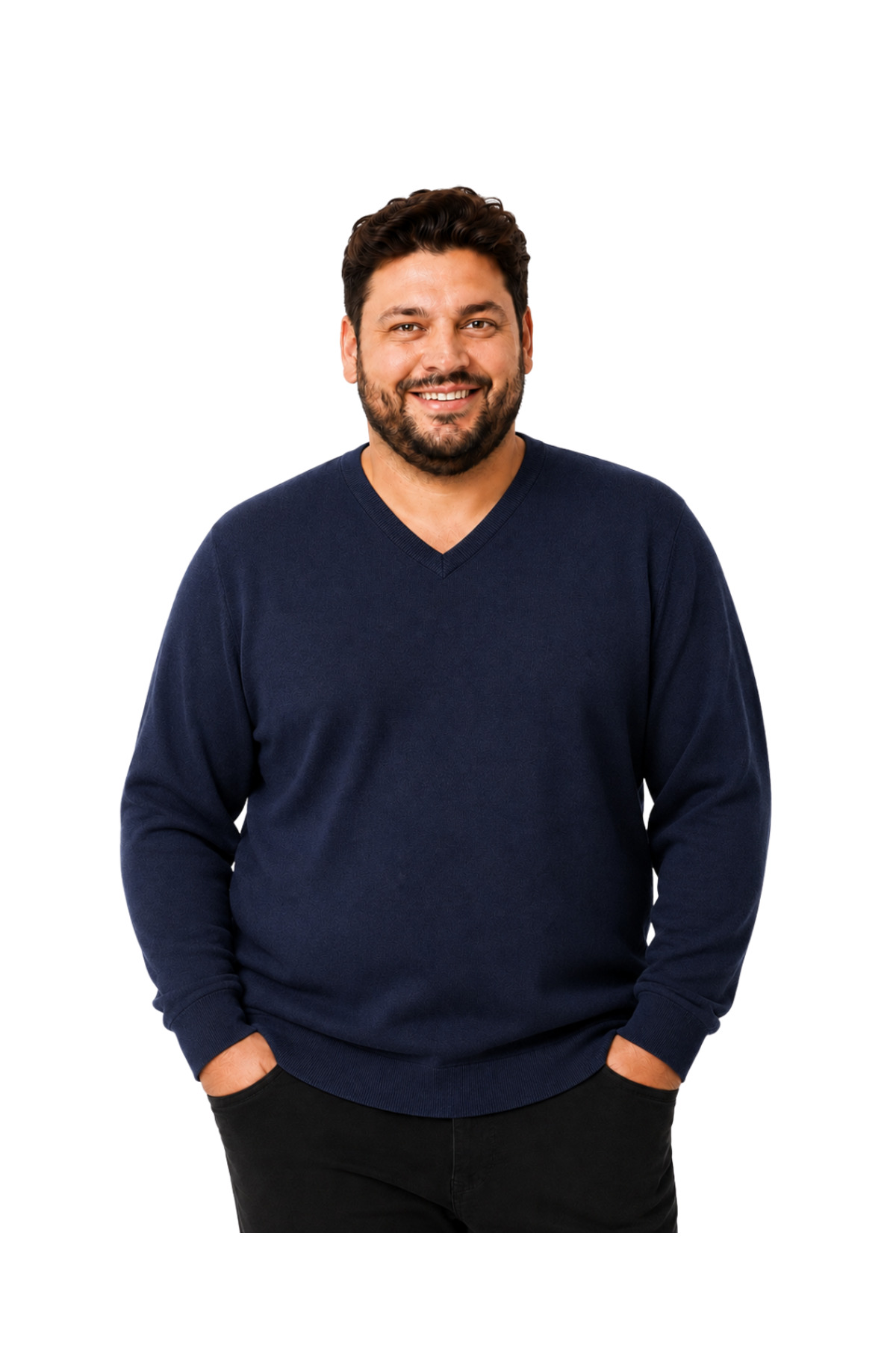BattalModa Erkek Büyük Beden Lacivert V Yaka Pamuklu Kazak 3XL-4XL-5XL-6XL