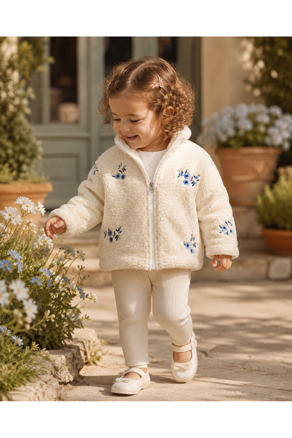 Nakışlı Fermuarlı Peluş Kız Çocuk Mont