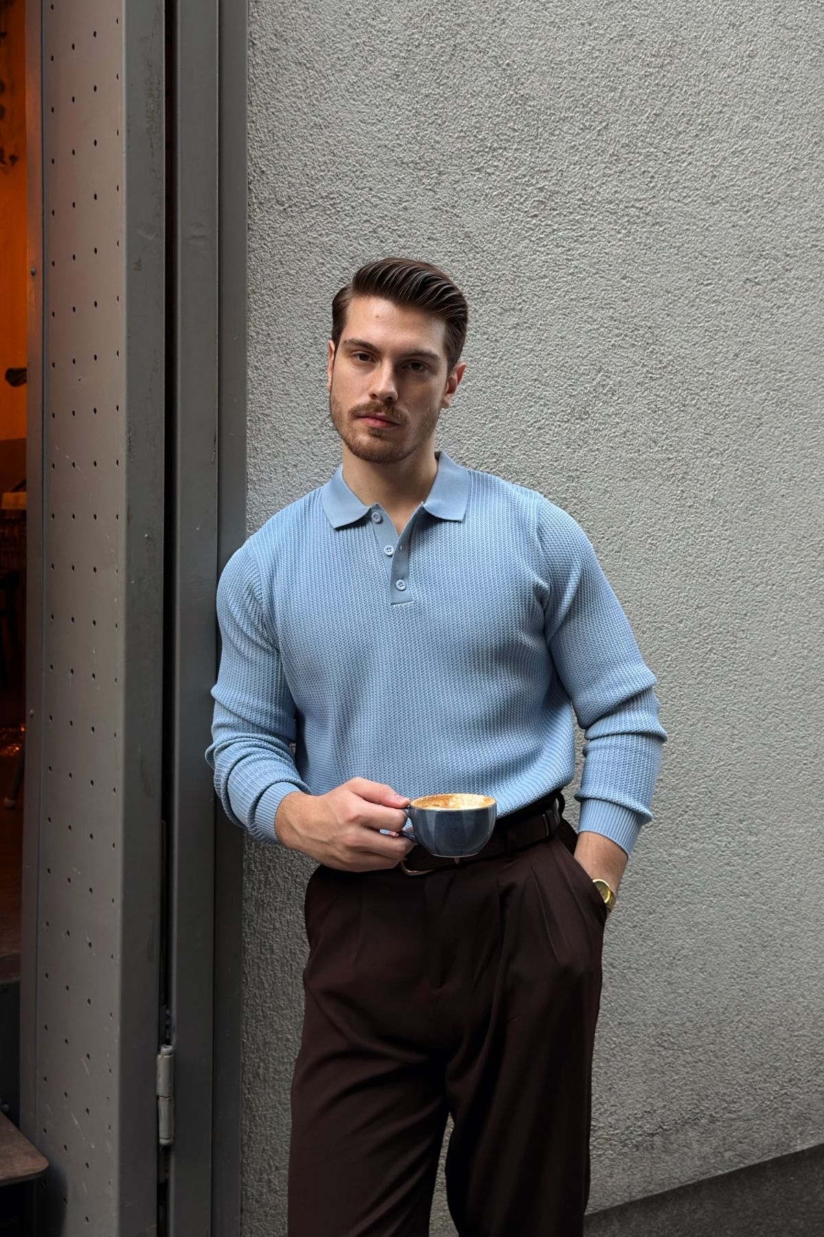 Livio Ferri Arco Premium Dokulu Triko Düğmeli Polo Yaka Uzun Kollu Açık Mavi Erkek Kazak görsel 2