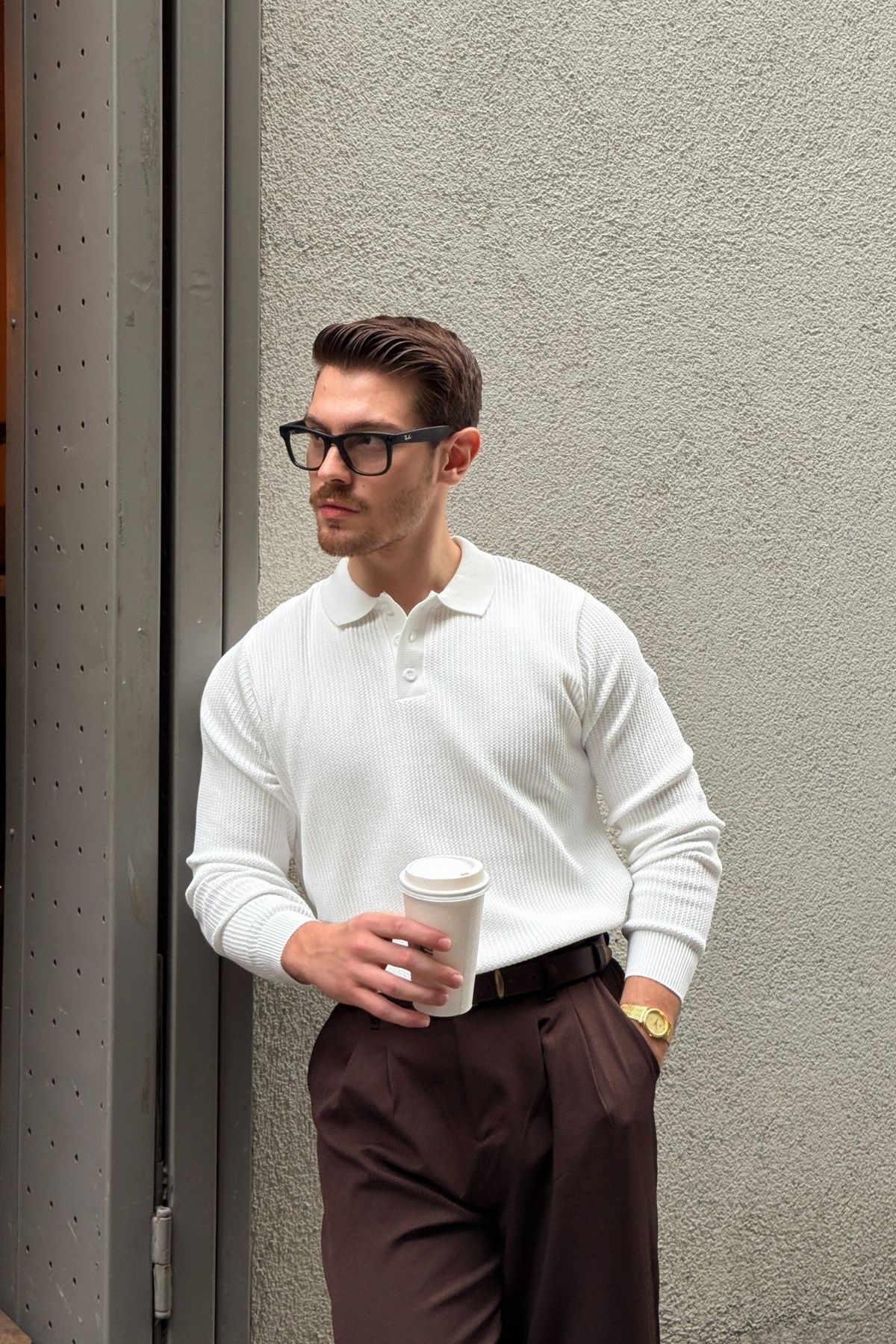 Livio Ferri Arco Premium Dokulu Triko Düğmeli Polo Yaka Uzun Kollu Beyaz Erkek Kazak görsel 6