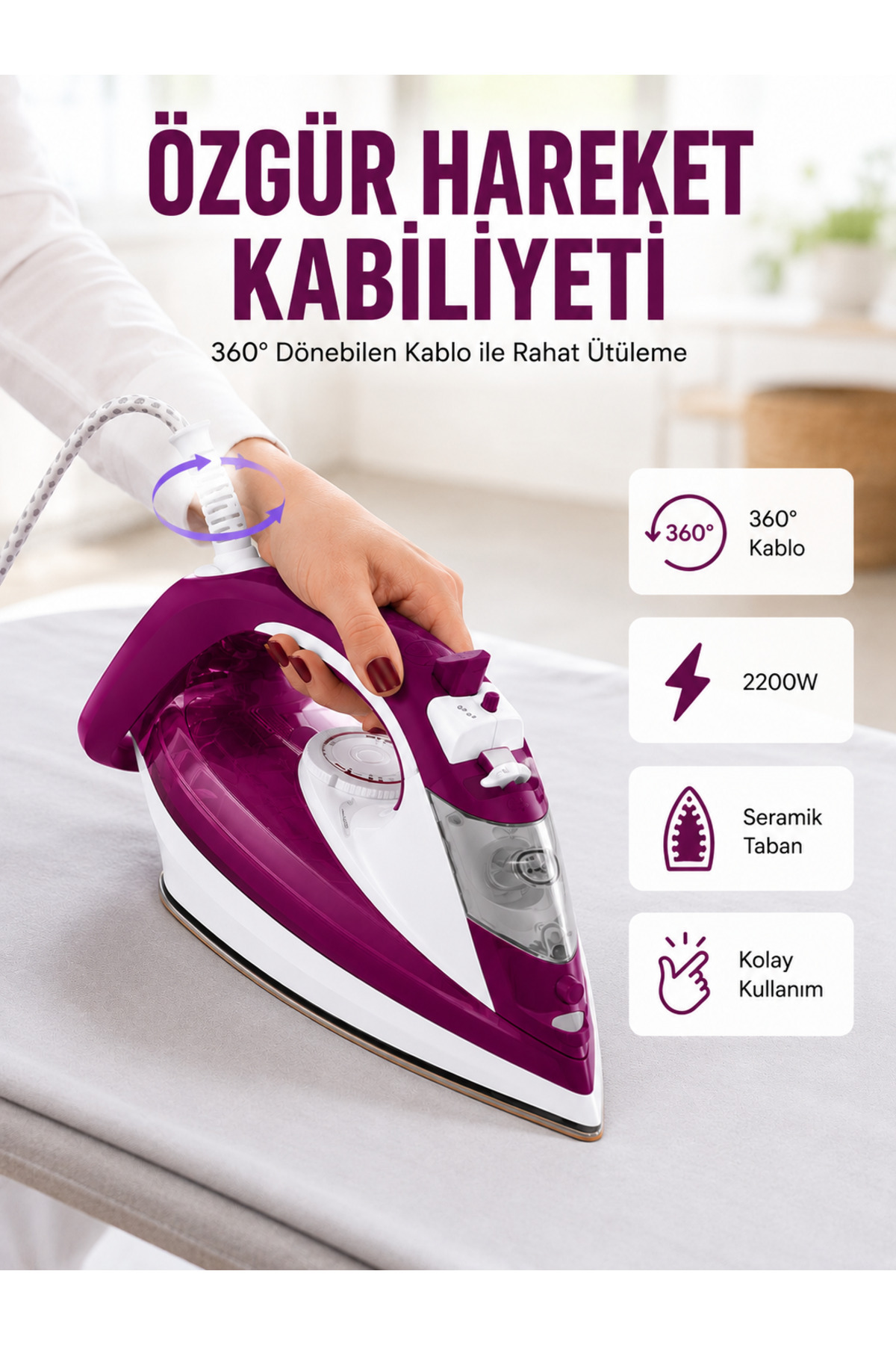 UCUZTEKNO 2200W Seramik Kaplama Estetik Tasarımı 360 Derece Dönebilir Kablosu Yeni Nesil