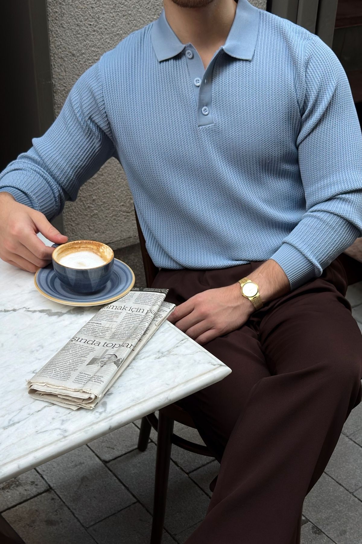 Livio Ferri Arco Premium Dokulu Triko Düğmeli Polo Yaka Uzun Kollu Açık Mavi Erkek Kazak