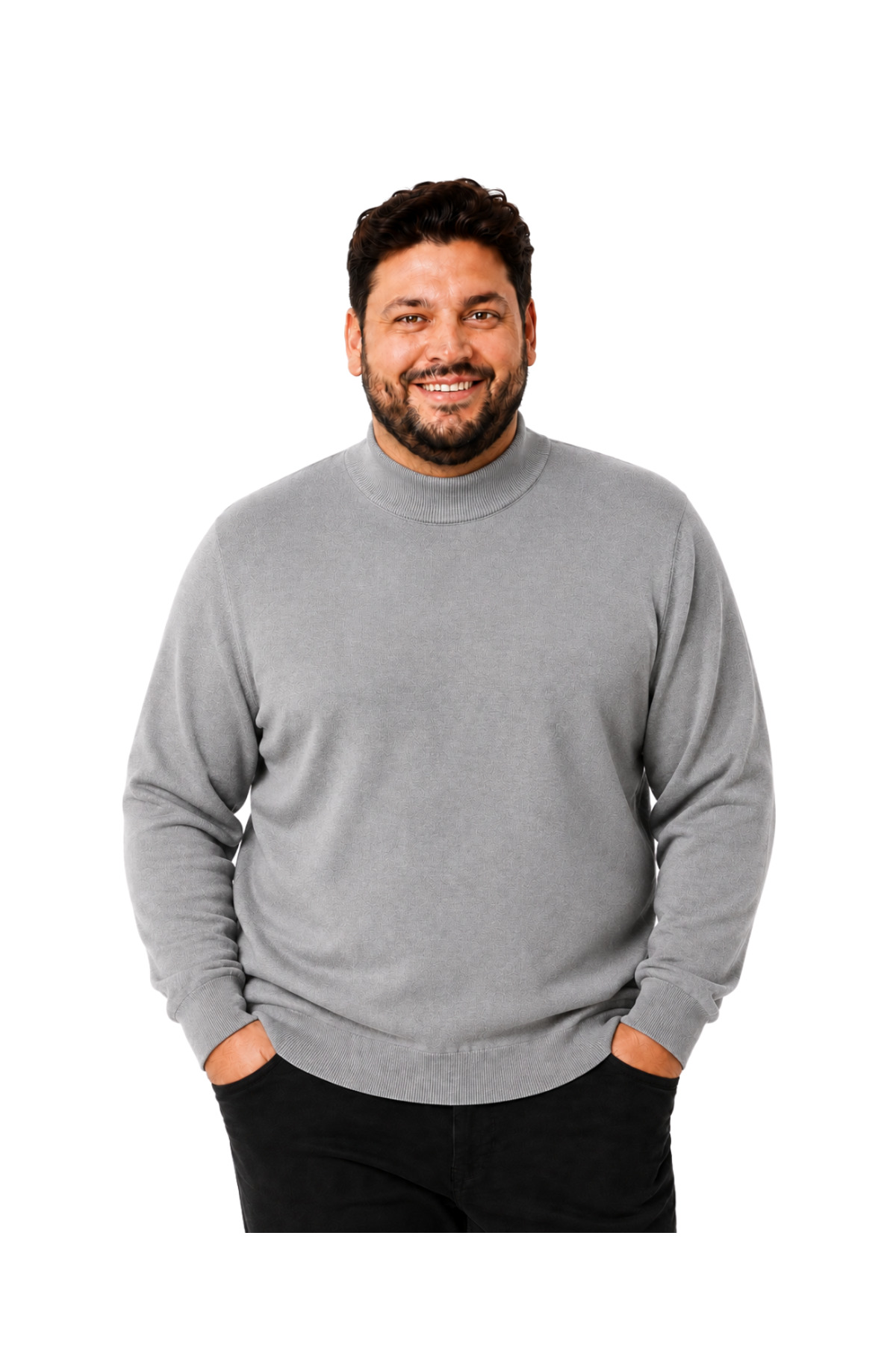 BattalModa Erkek Büyük Beden Gri Yarım Balıkçı Pamuklu Kazak 3XL-4XL-5XL-6XL