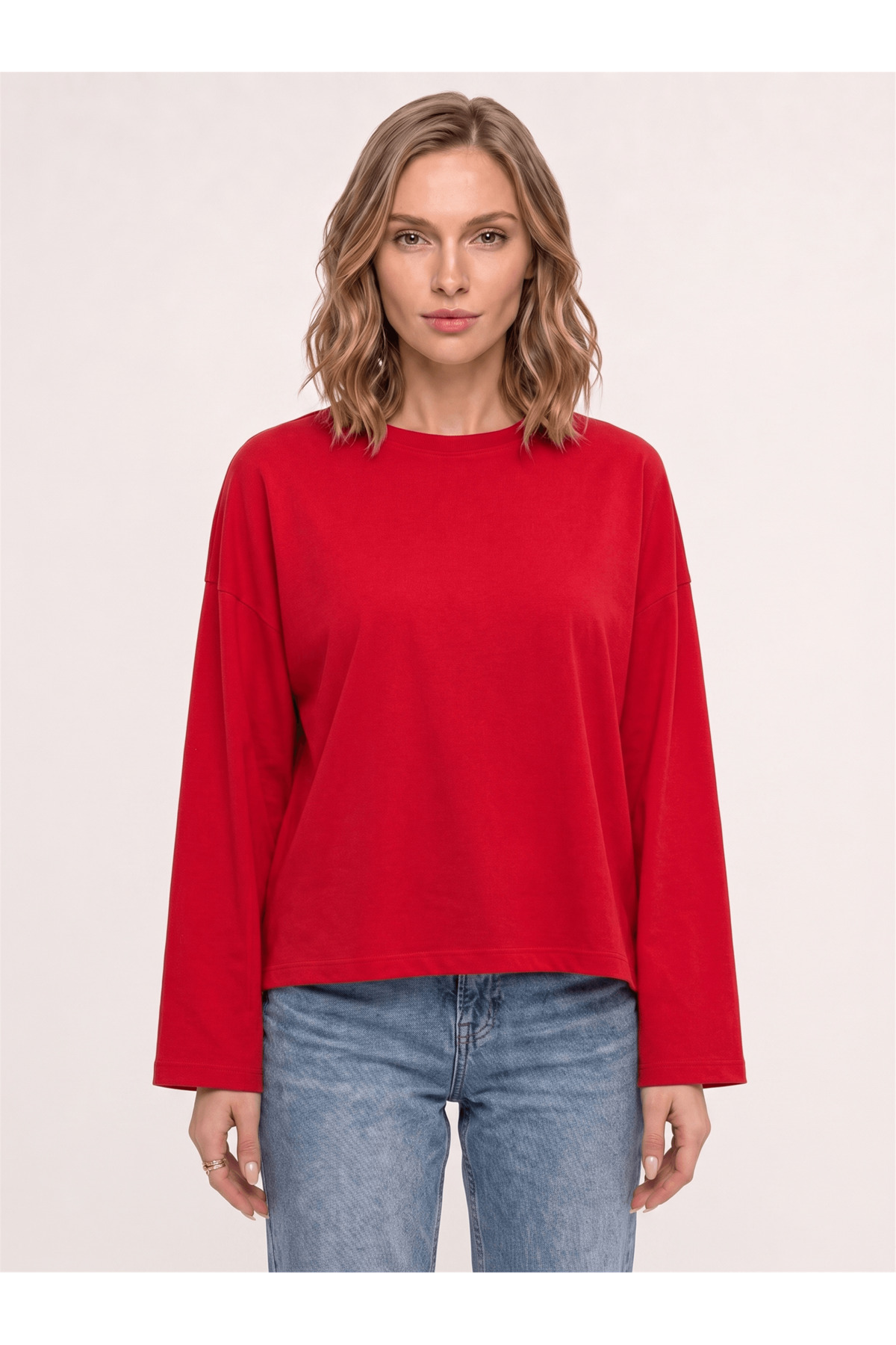 Co Trendiz Kadın %100 Pamuk Bisiklet Yaka Uzun Kollu T-shirt Kırmızı