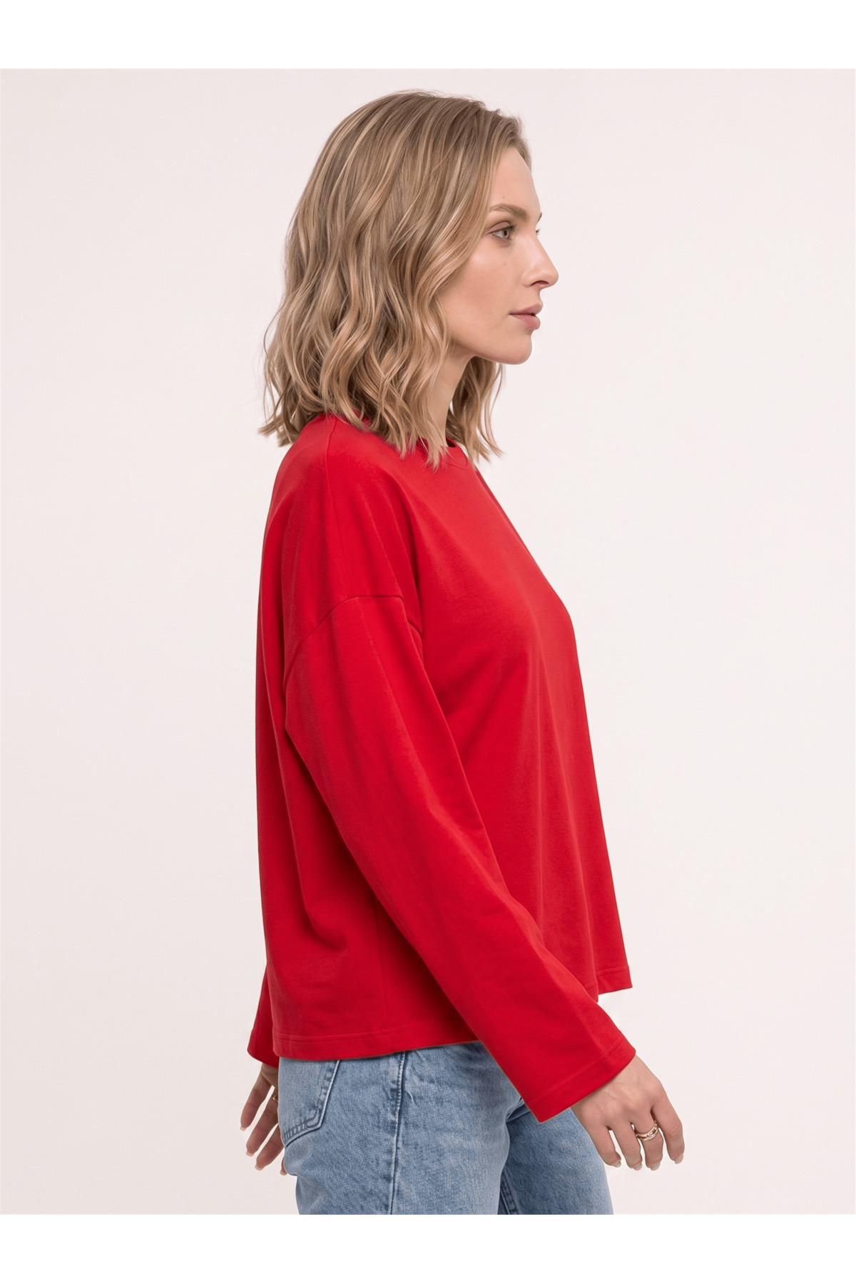 Co Trendiz Kadın %100 Pamuk Bisiklet Yaka Uzun Kollu T-shirt Kırmızı görsel 4