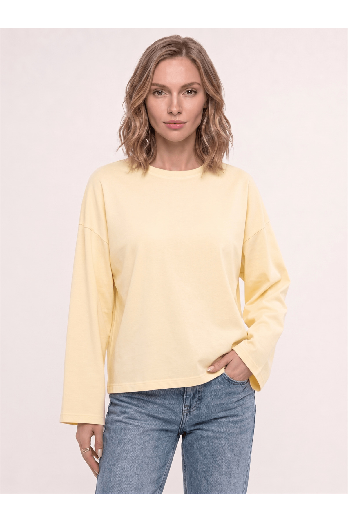 Co Trendiz Kadın %100 Pamuk Bisiklet Yaka Uzun Kollu T-shirt Sarı