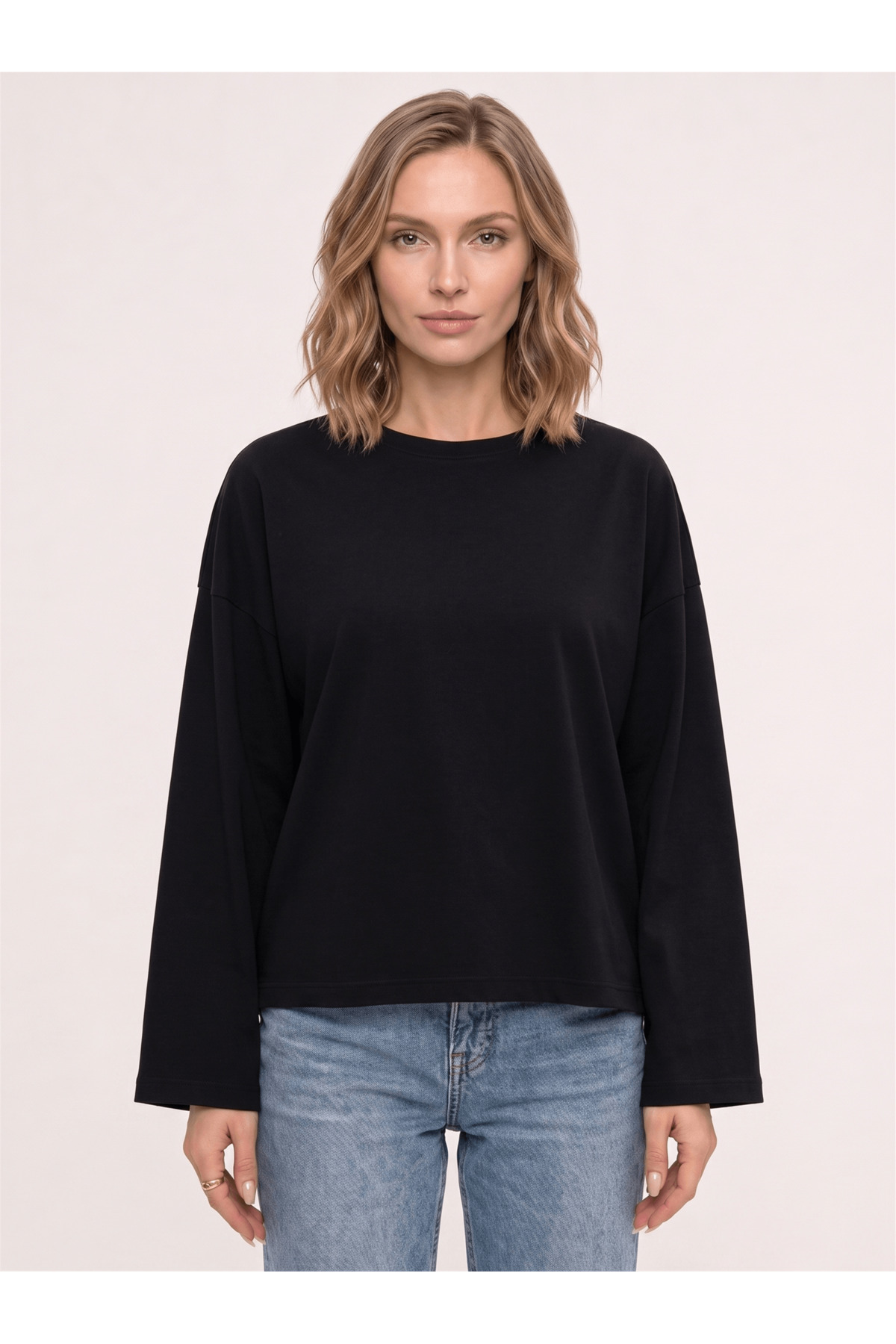 Co Trendiz Kadın %100 Pamuk Bisiklet Yaka Uzun Kollu T-shirt Siyah