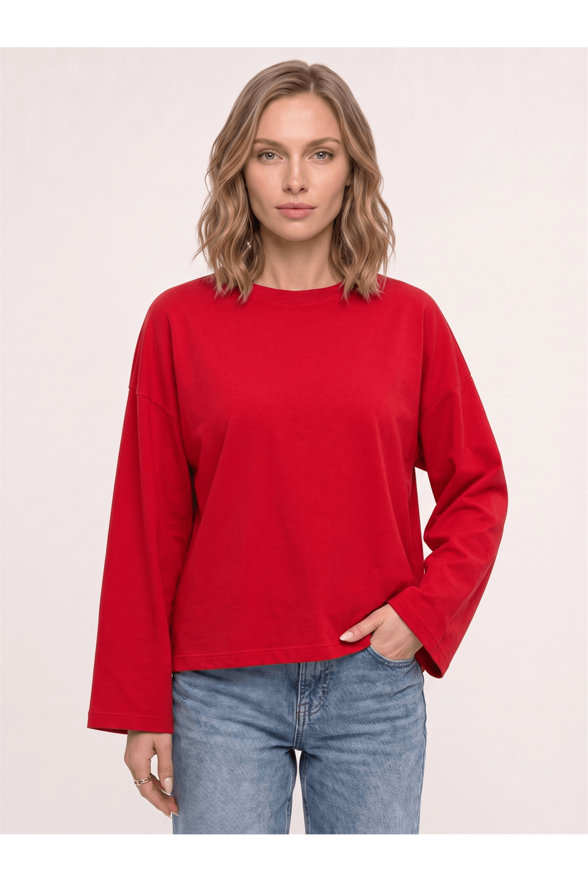Co Trendiz Kadın %100 Pamuk Bisiklet Yaka Uzun Kollu T-shirt Kırmızı görsel 5