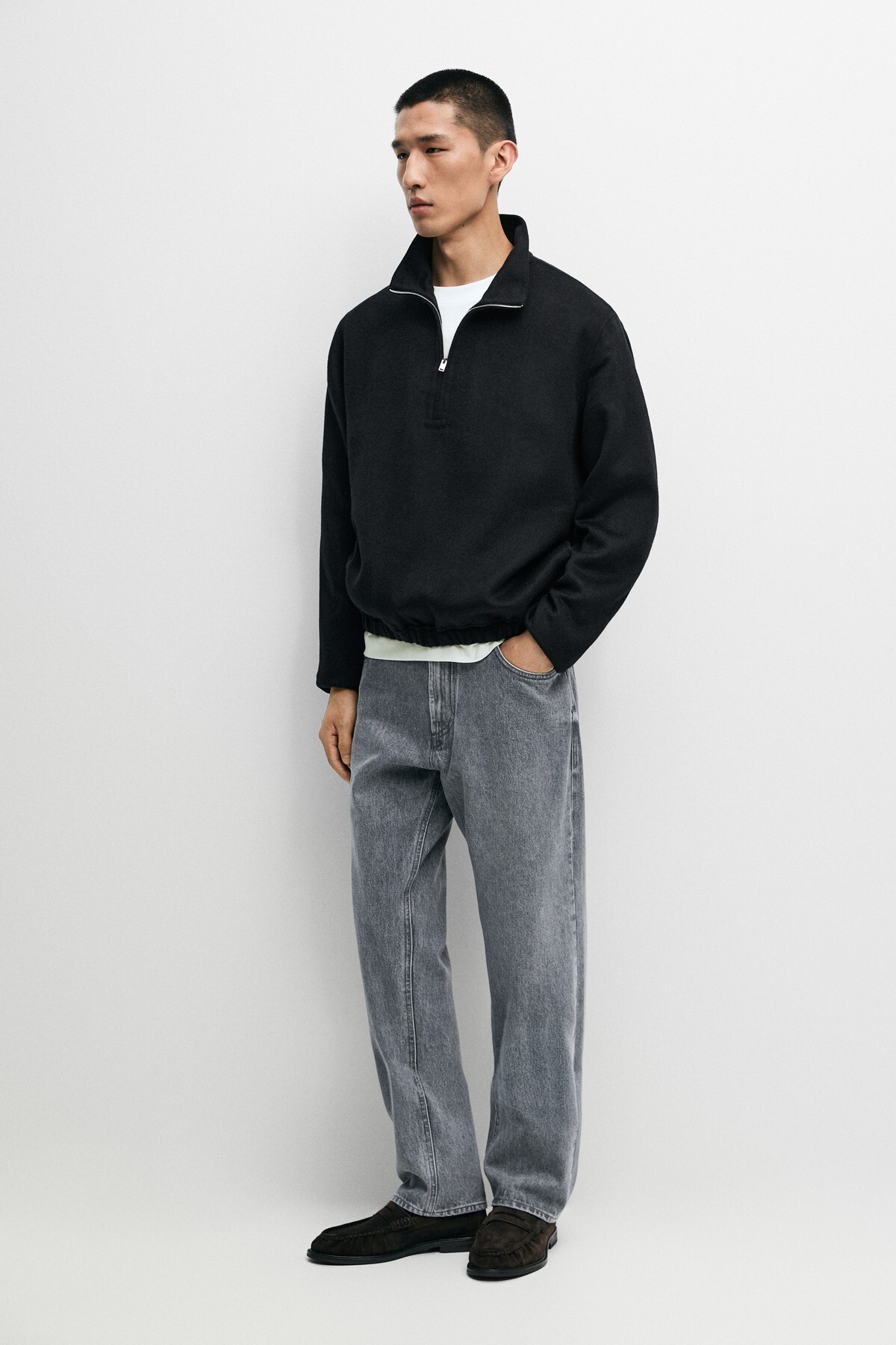 Yün karışımlı çift katlı dik yaka sweatshirt