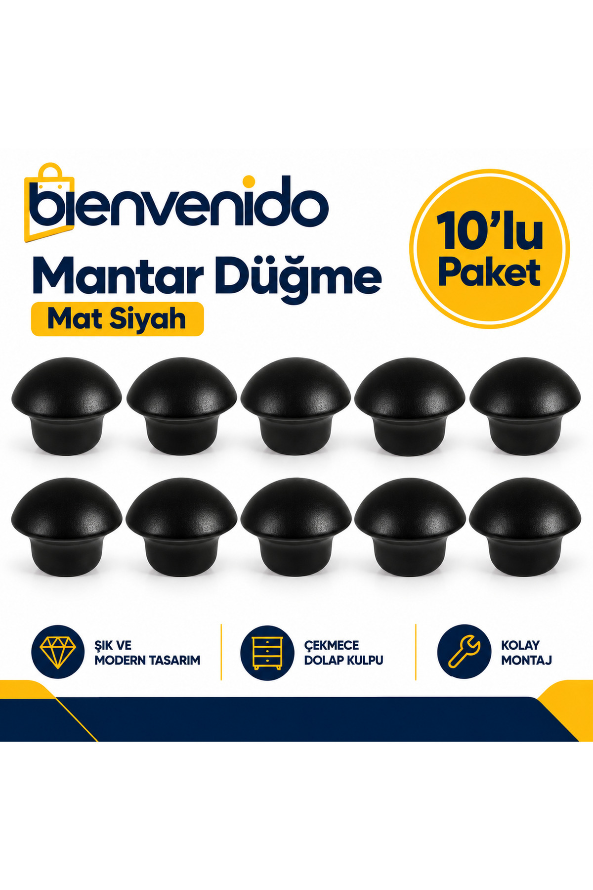 Mantar Düğme Metal (MAT SİYAH) Yuvarlak Mobilya Mutfak Çekmece Dolap Kulpu 10'lu