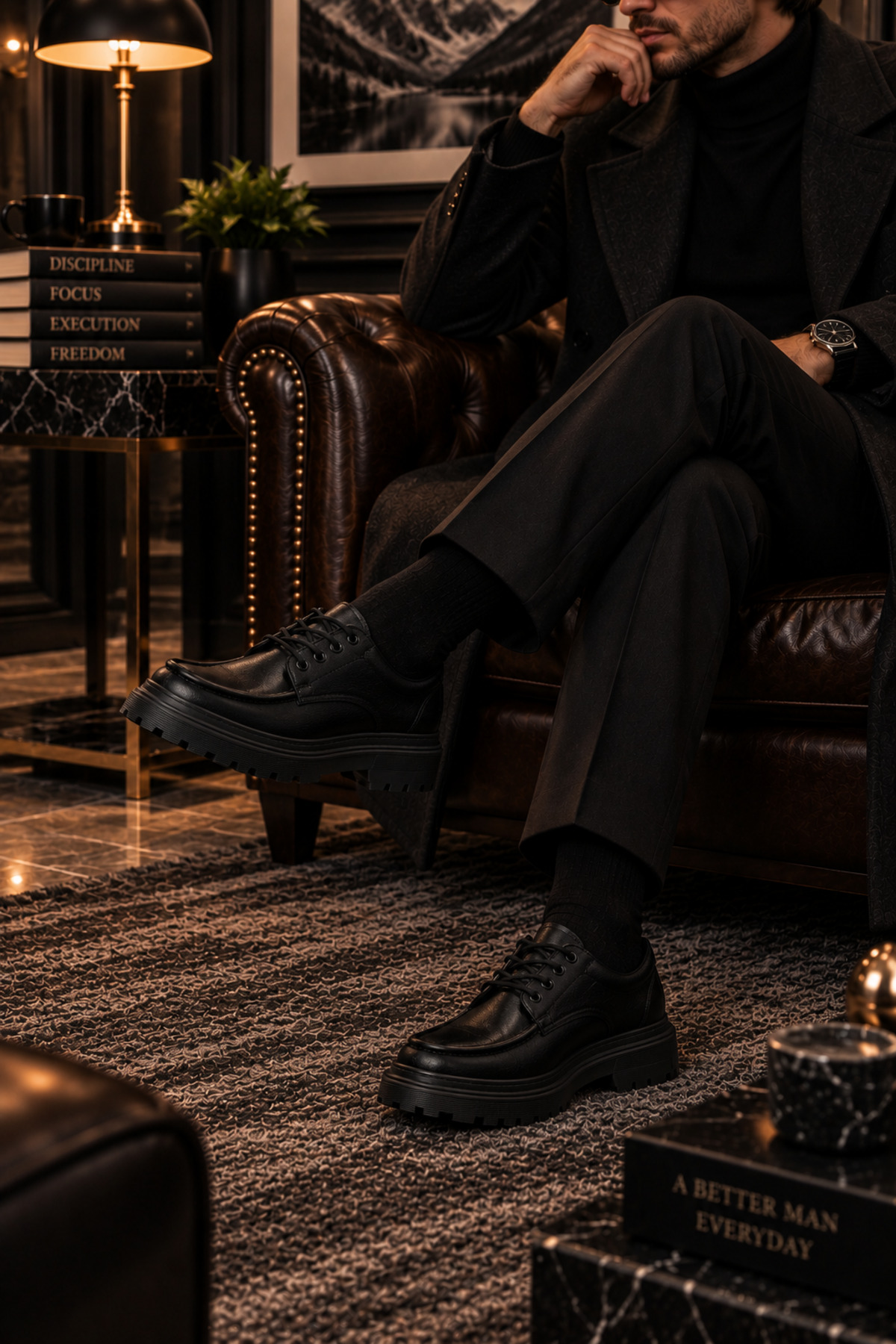Lucy Shoes YG-13 Erkek Günlük Bağcıklı Lüks Deri Loafer Ayakkabı CST - Siyah görsel 4
