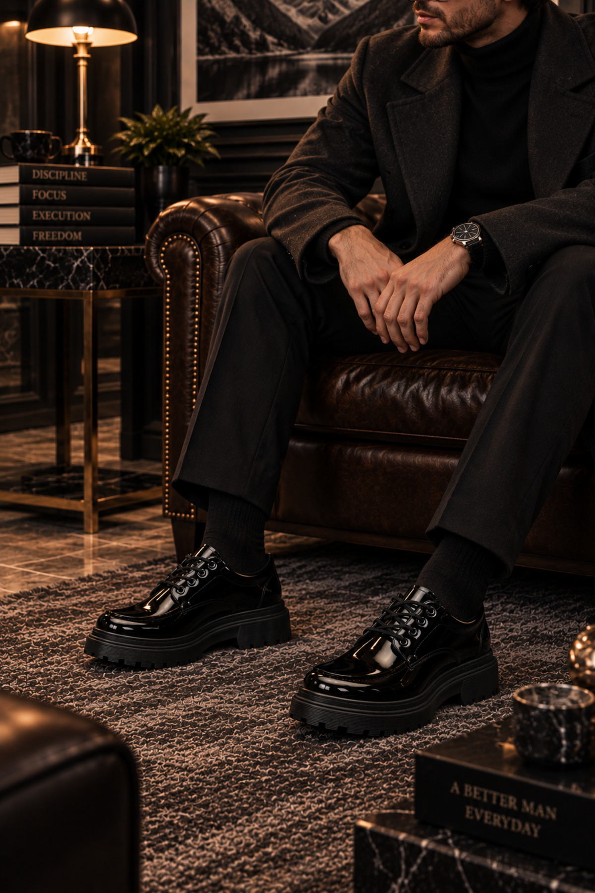 Lucy Shoes YG-13 Erkek Günlük Bağcıklı Lüks Rugan Loafer Ayakkabı RST - Siyah görsel 3