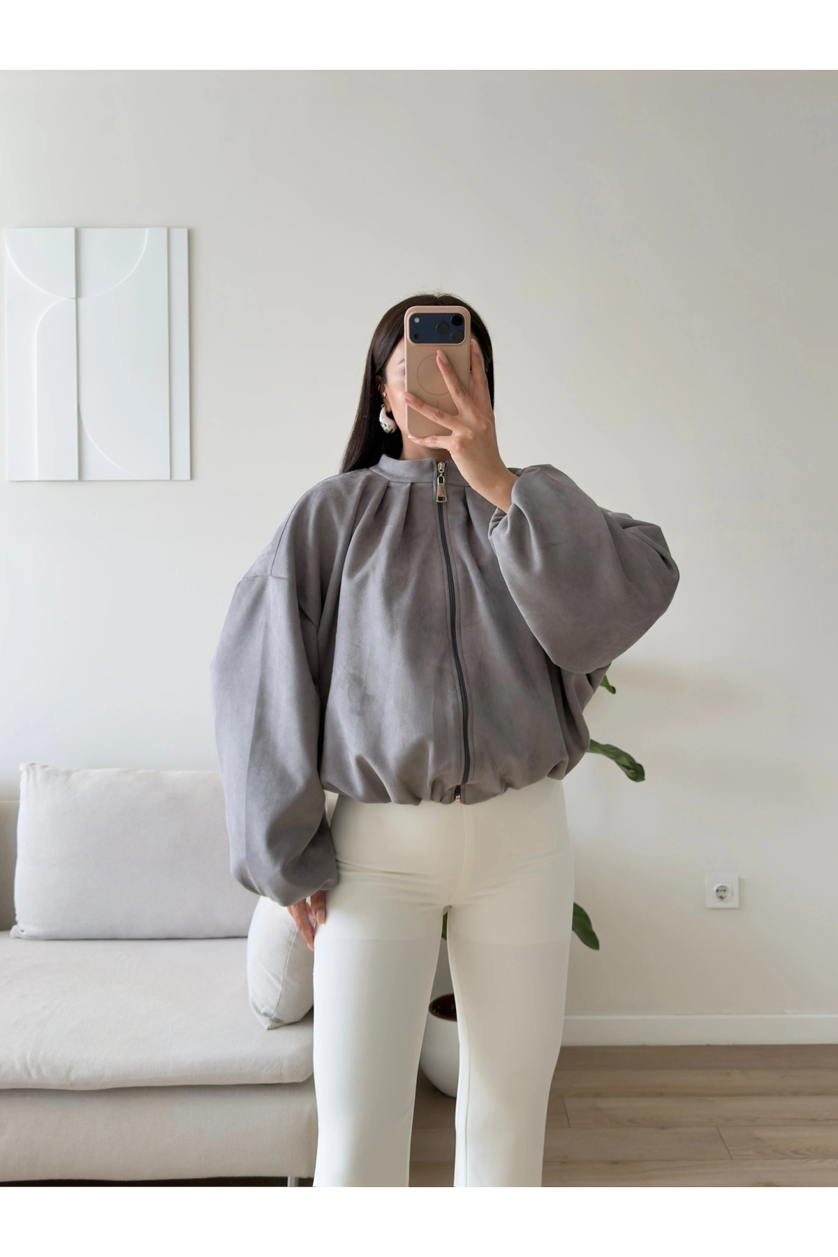 Zoom Butik Balon Kol Süet Bomber Ceket - GRİ görsel 5