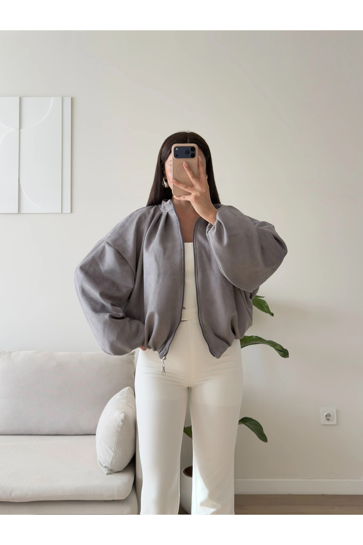 Zoom Butik Balon Kol Süet Bomber Ceket - GRİ görsel 3
