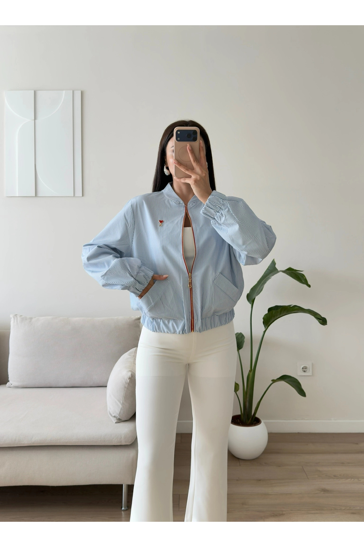 Zoom Butik A Kalp Çizgili Bomber Ceket görsel 4